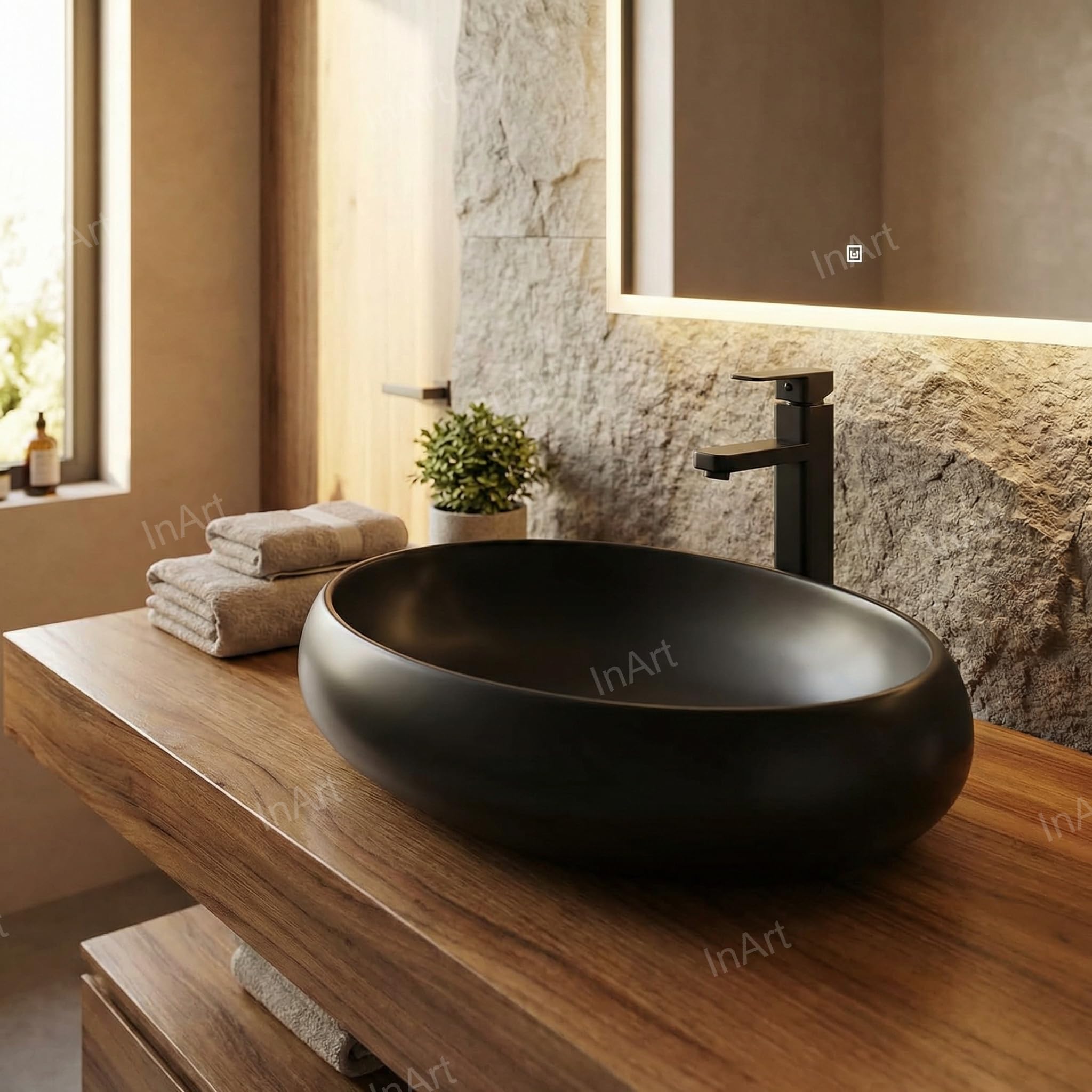 InArt Premium Designer Table Top Ceramic Wash Basin/Vessel Sink for Bathrooms (24 x 16 x 6 Inch, Black, Matt Finish) (Black Matt) 2
