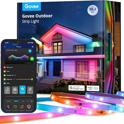 Govee Outdoor LED Strip Lights, 98.4ft Smart Outdoor Lights Work with Alexa and Google Assistant, App Control, IP65 Waterproof, RGBIC Outdoor Lights for Patio, Eave, Halloween Decorations