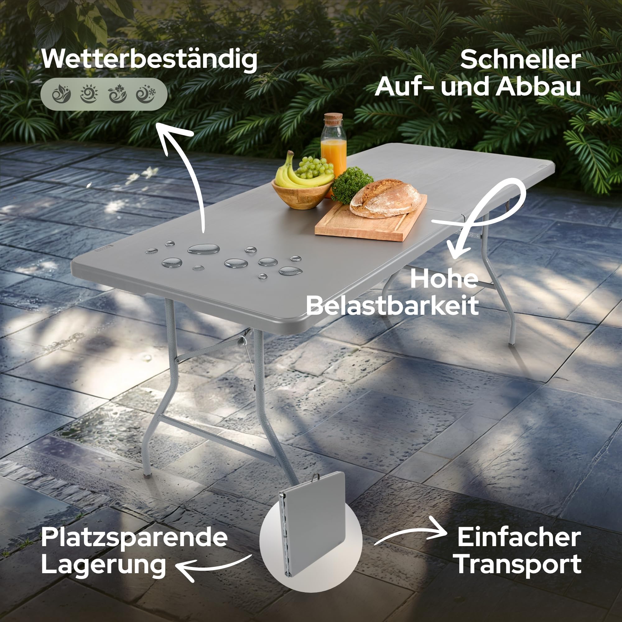 Arebos Klapptisch Anthrazit Gartentisch Klappbar | 182x74 cm Wetterfest Outdoor | Buffettisch 8 Personen Campingtisch | Partytisch mit Tragegriff | Garten Terrasse
