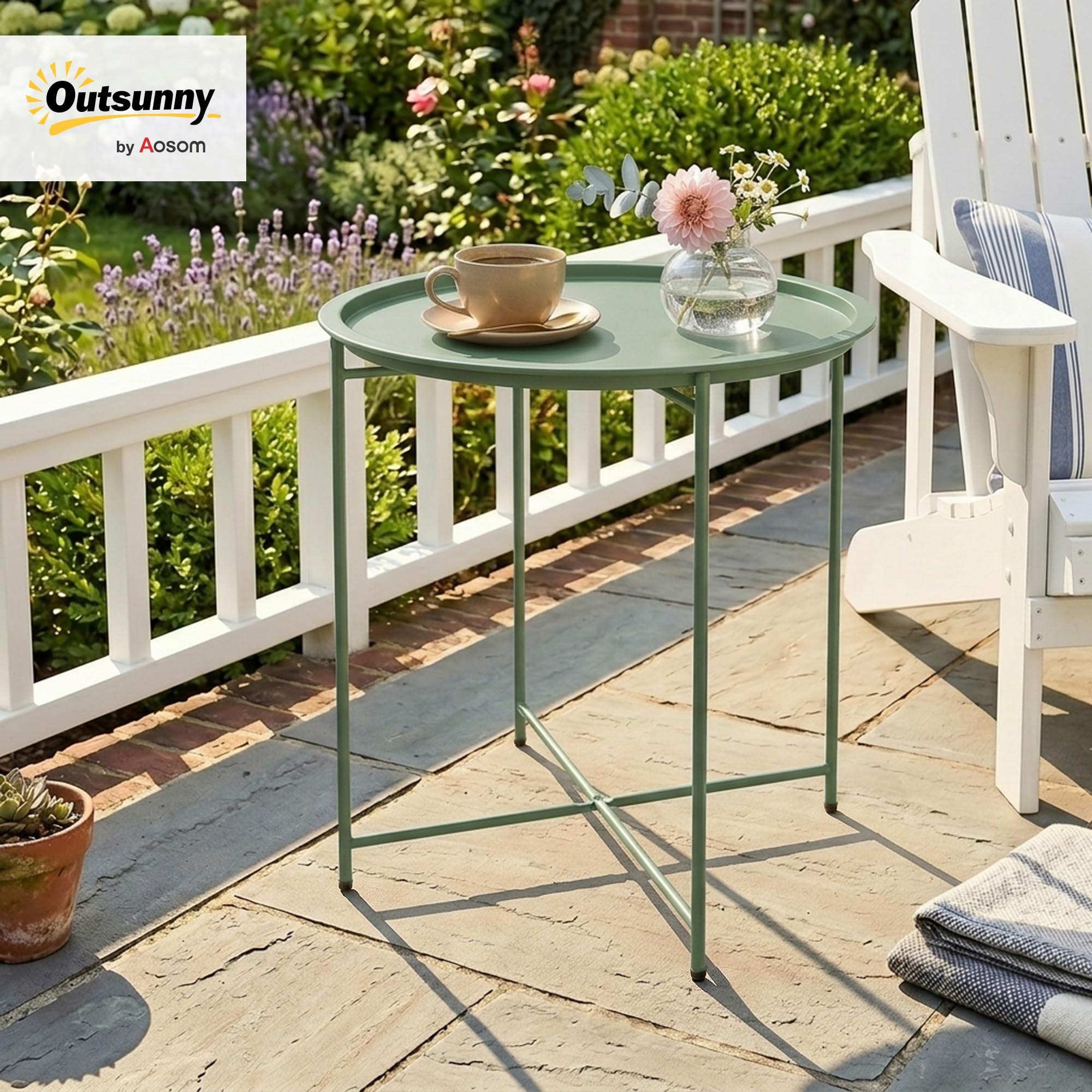 Outsunny Mesa Auxiliar Redonda Mesa de Jardín Exterior con Bandeja Extraíble Patas Plegables Mesa para Exterior Terraza Patio Ø46x53 cm Verde