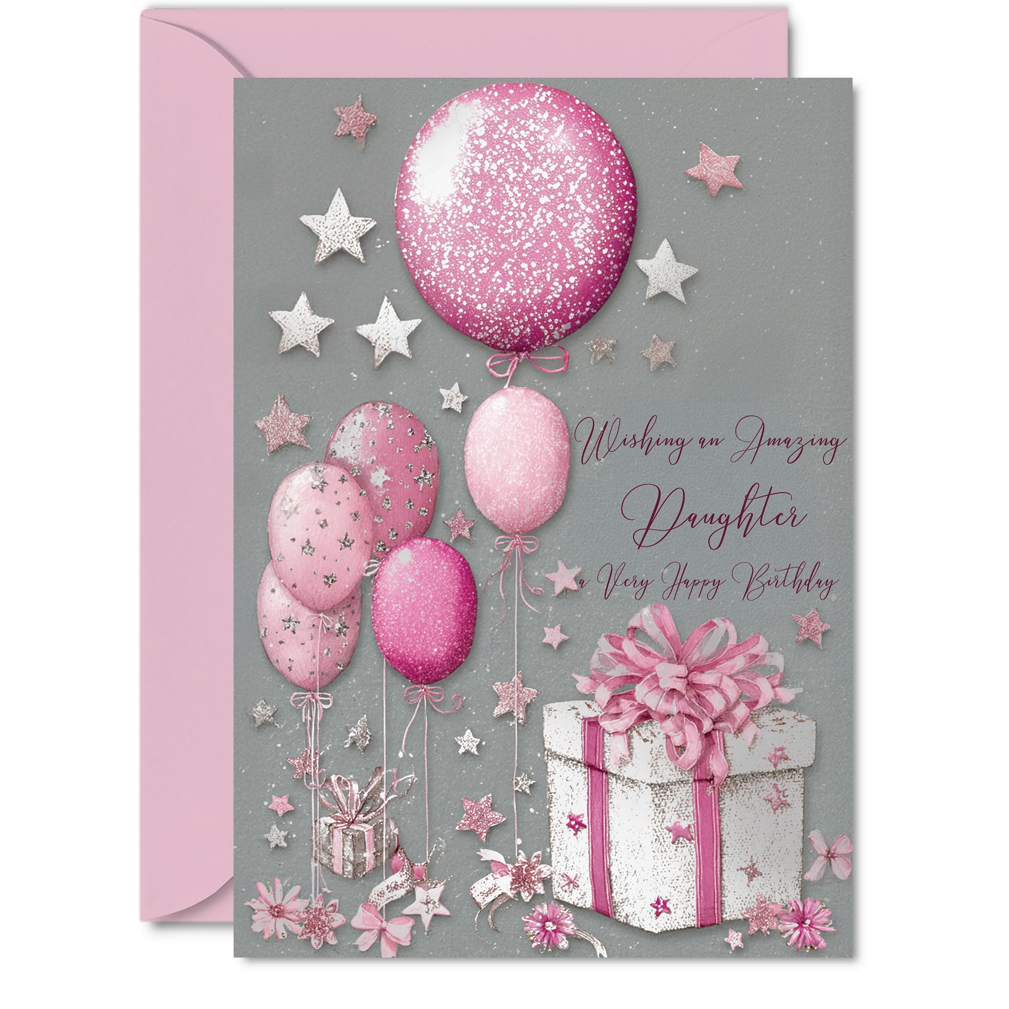 Silver Daughter Birthday Card, Silver and Pink Presents