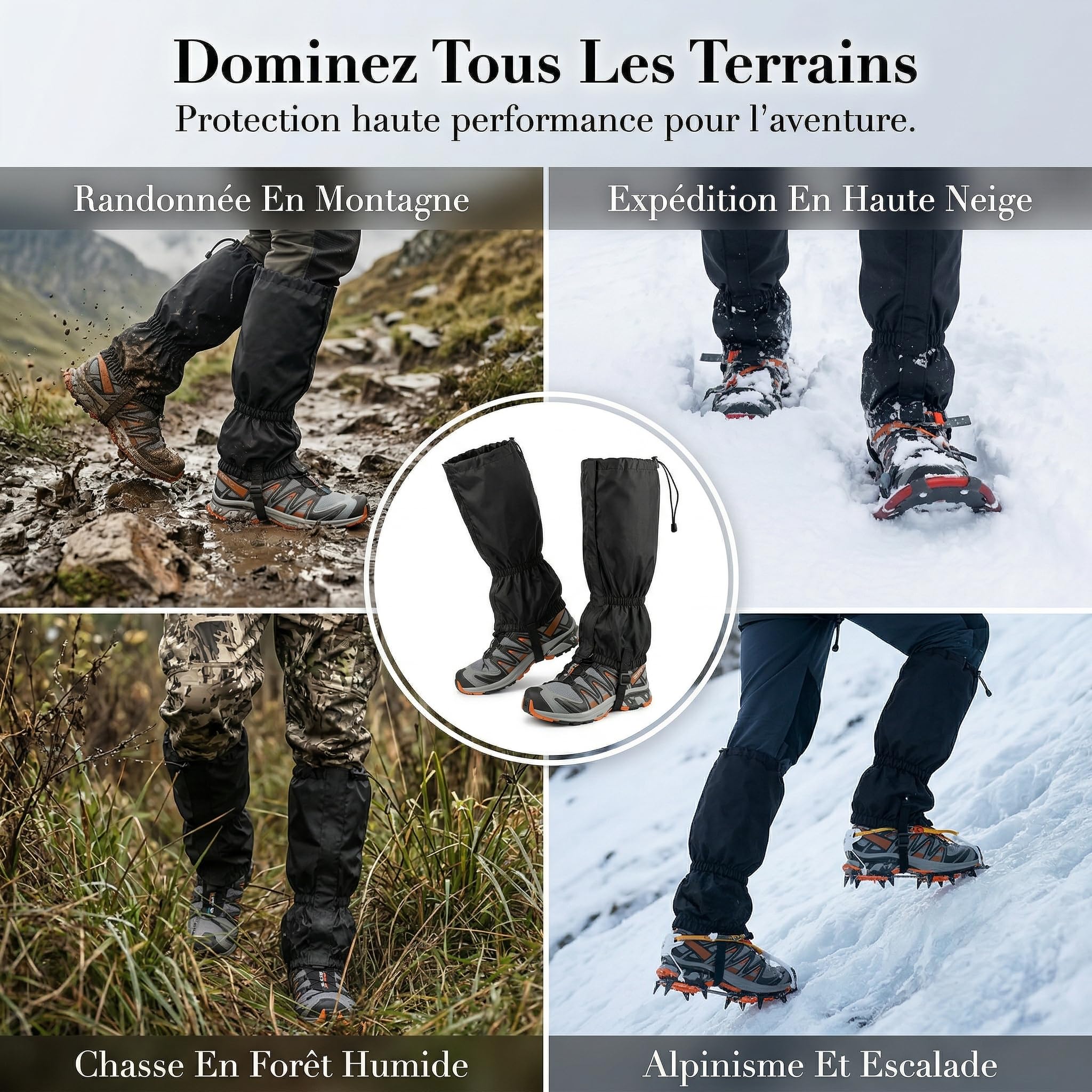 Guêtres Randonnée Hautes Imperméables Noir – Polyester 600D, Fermeture Éclair, Sangle Renforcée – Ski, Chasse, Alpinisme