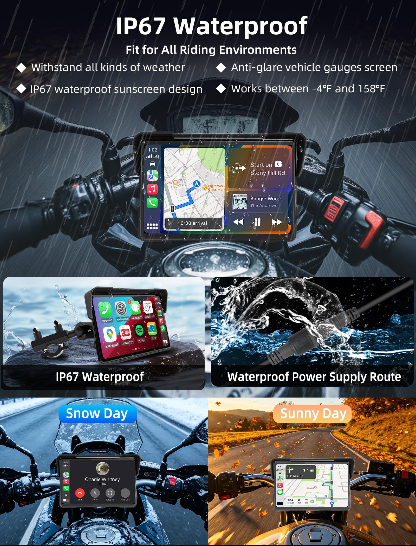 Jansite Carplay Moto da 7 Pollici Navigatore Andrpid Auto Display Impermeabile IPS 2.5D Bluetooth Siri/Assistente Google