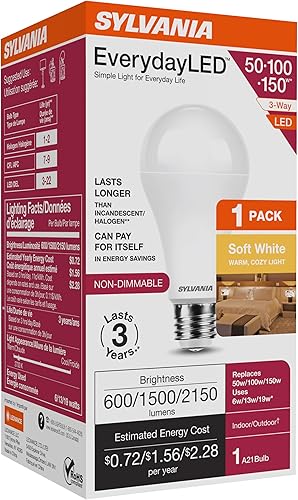 Vista 3 de Sylvania Bombilla LED A21 de 3 vías de 6/13/19W EverydayLED, 600/1500/2150 lúmenes, no regulable, 80 CRI, 2700K, blanco suave, 1 paquete (42052)