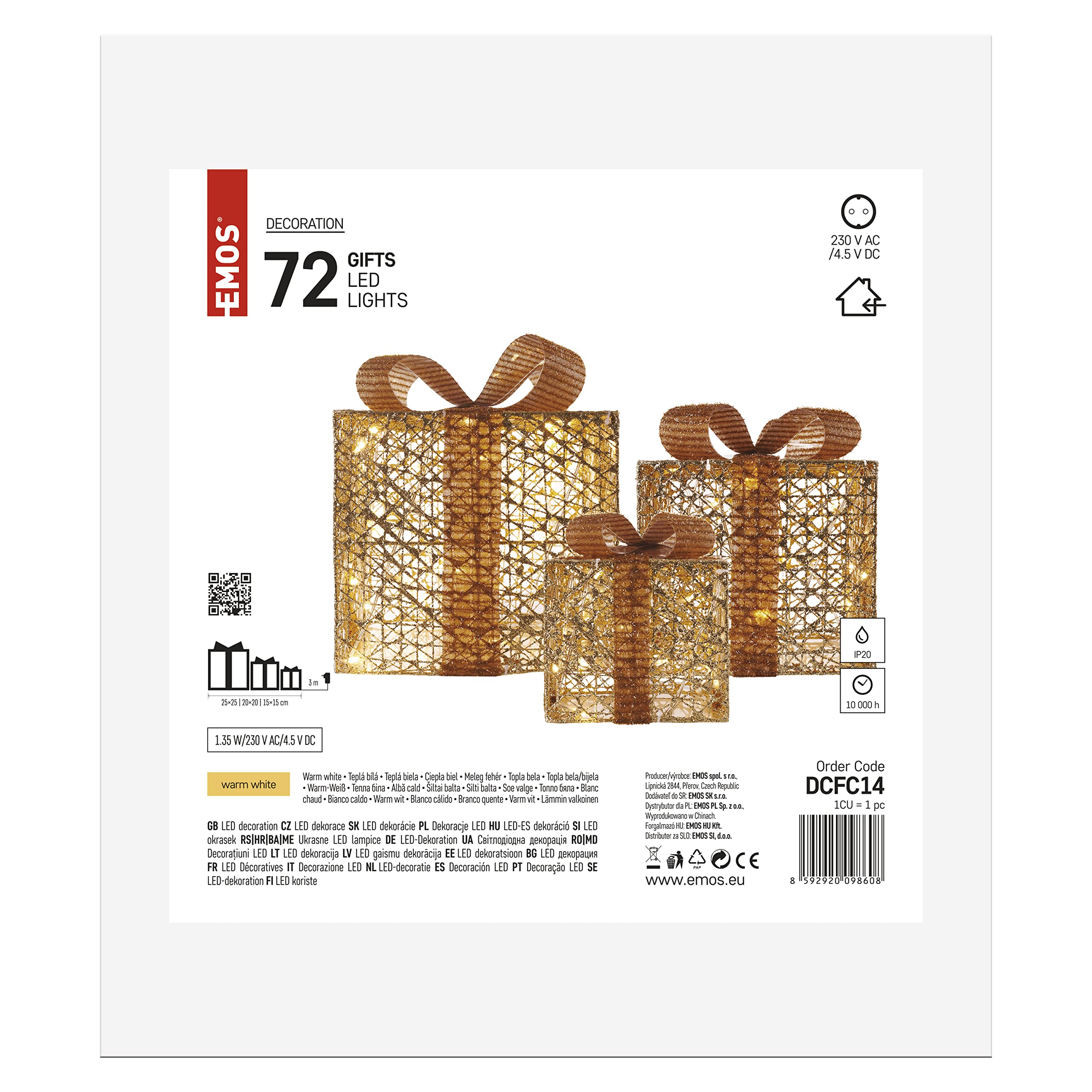 EMOS Goldene LED Weihnachtsgeschenke mit breitem Schleifenband und dekorativer Schleife, 3 Stk Weihnachtsdekoration, Warmweiß, 3m Kabel, IP20 für Innenbereich, Gold
