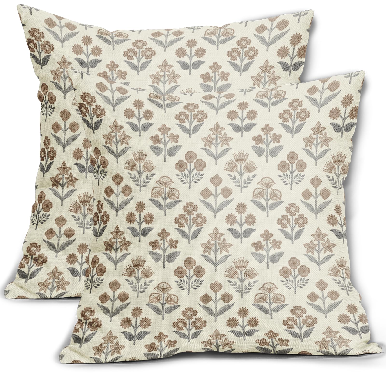 Brown Grey Gray Floral Block Print Pillow Covers 18x18 Inch Set of 2, Vintage Flower Pattern Decorative Throw Pillowcases Outdoor Farmhouse Cushion Covers Spring Summer Rustic Sofa Couch Bed Decor
