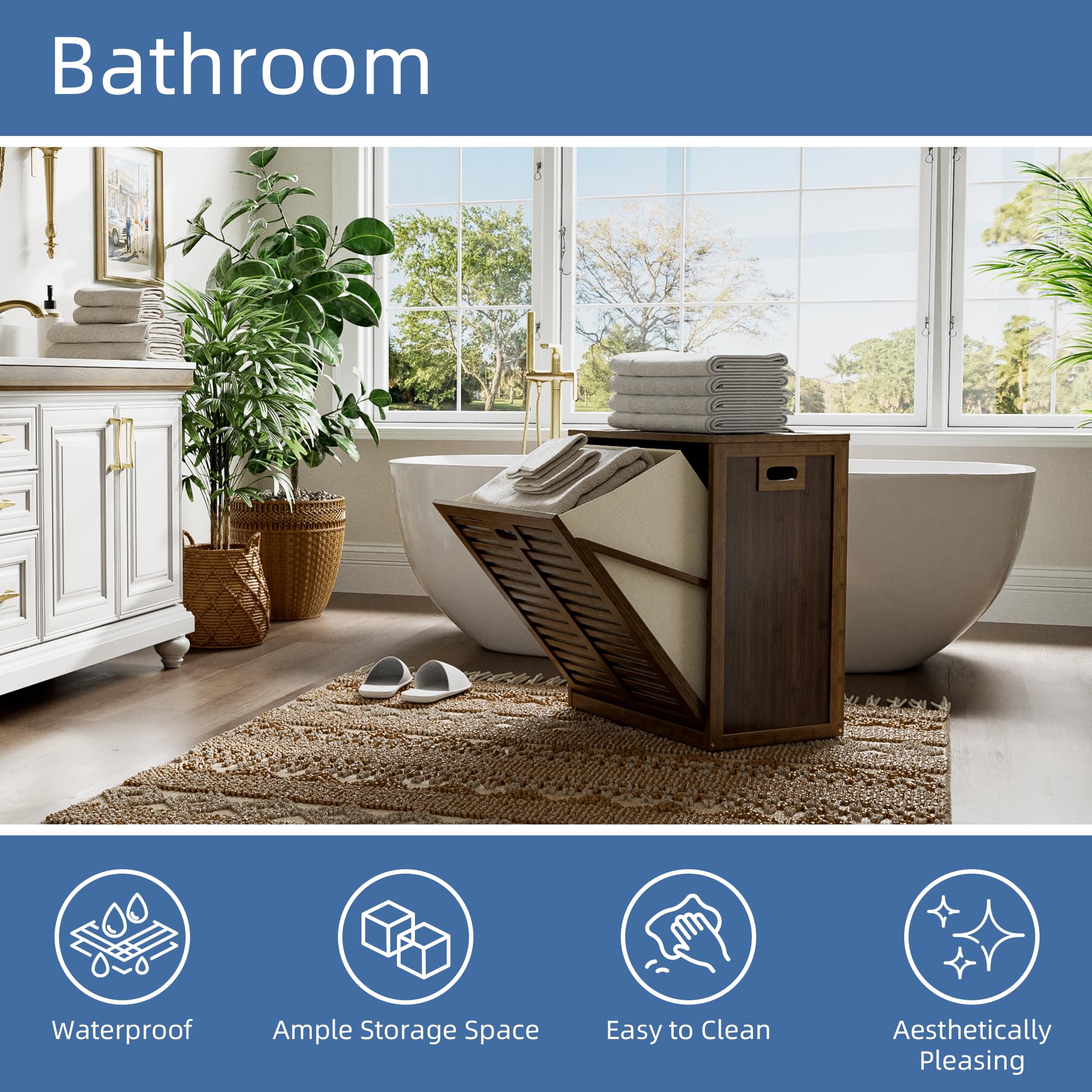 HITNET Armario de Baño con Cesto Ropa Sucia, Mueble Ropa Sucia de Bambú, Cesta Lavandería, Bolsa Interior Extraíble con Asas para sala de estar y dormitorio, Nogal