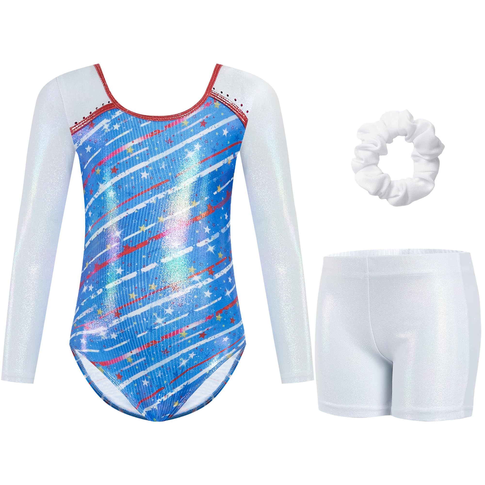 Gogokids Mädchen Dreiteilige Gymnastikanzüge, Langärmliges Gymnastik Set mit Shorts und Haarband, Glitzernde Balletteinheitstrikots - Gymnastik Outfit mit Farbverlaufdesign für 6-7 Jahre