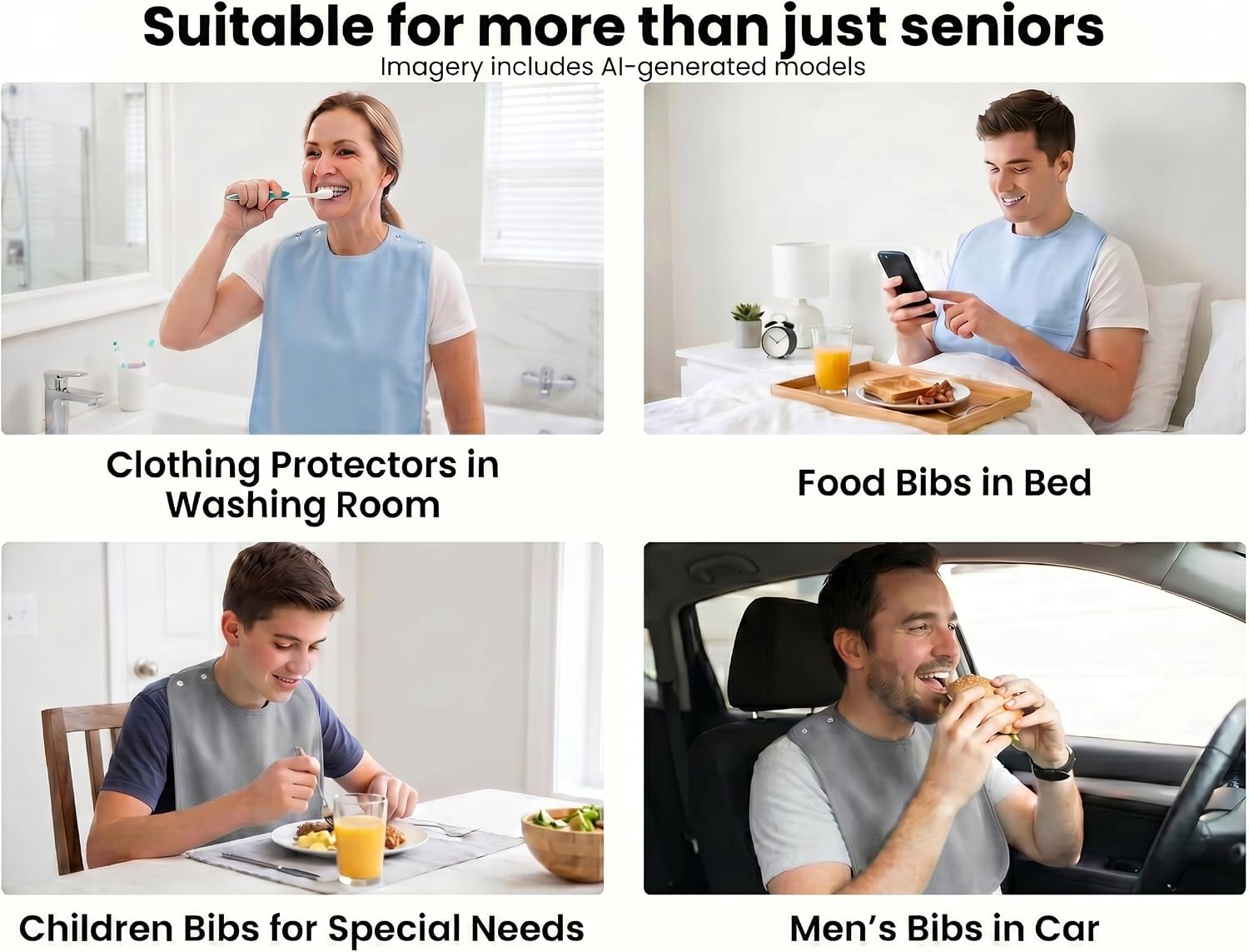 4 Pack Adult Bibs for Men and Women, Absorbent and Washable Clothing Protector for Elderly & Special Needs