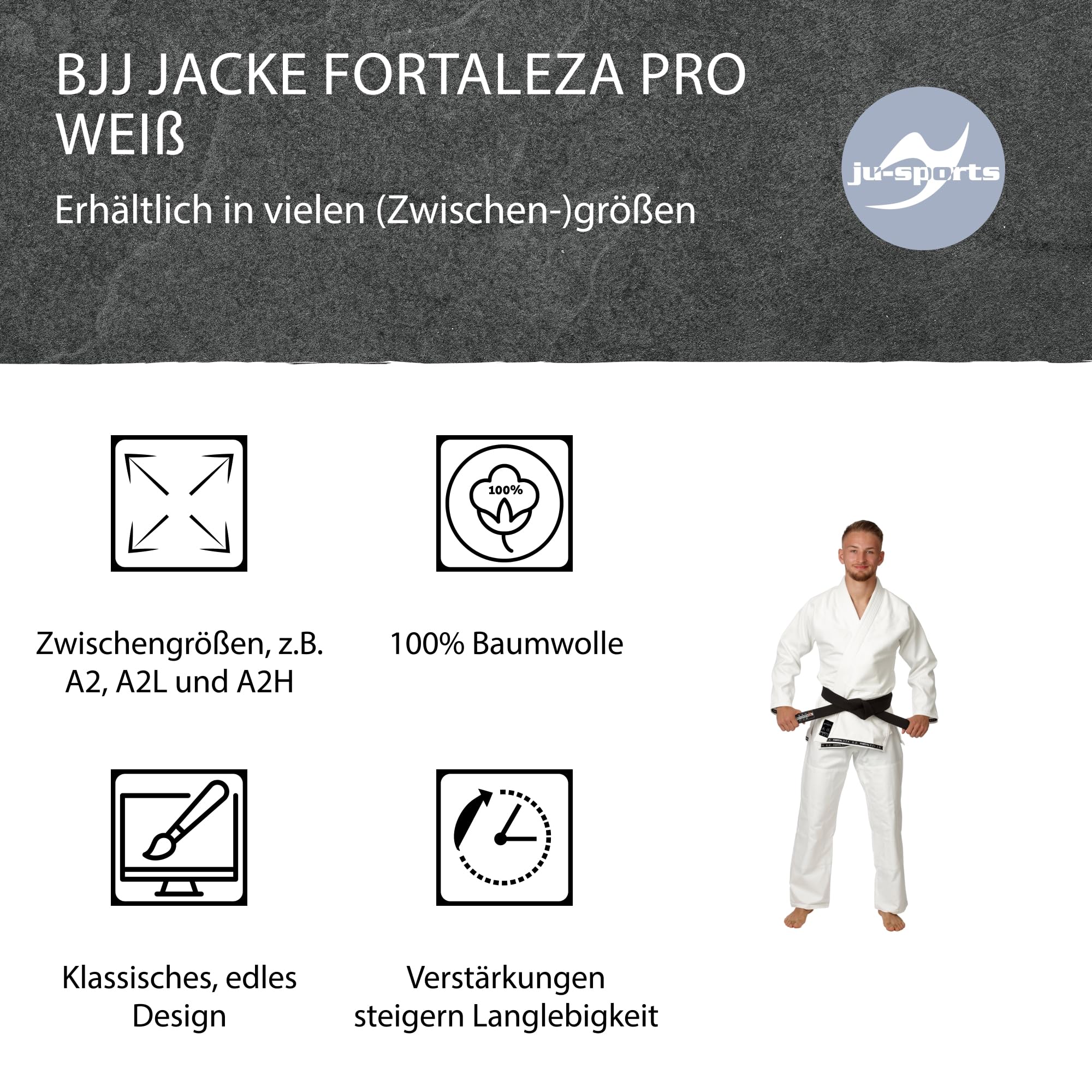 Ju-Sports BJJ Jacke Fortaleza pro Weiß I Jujutsu Anzug Jacke für Erwachsene I Kampfanzug Jacke mit extra verstärkten oft beanspruchten Stellen I Aus einem Stück geschneidert I 100% Baumwolle