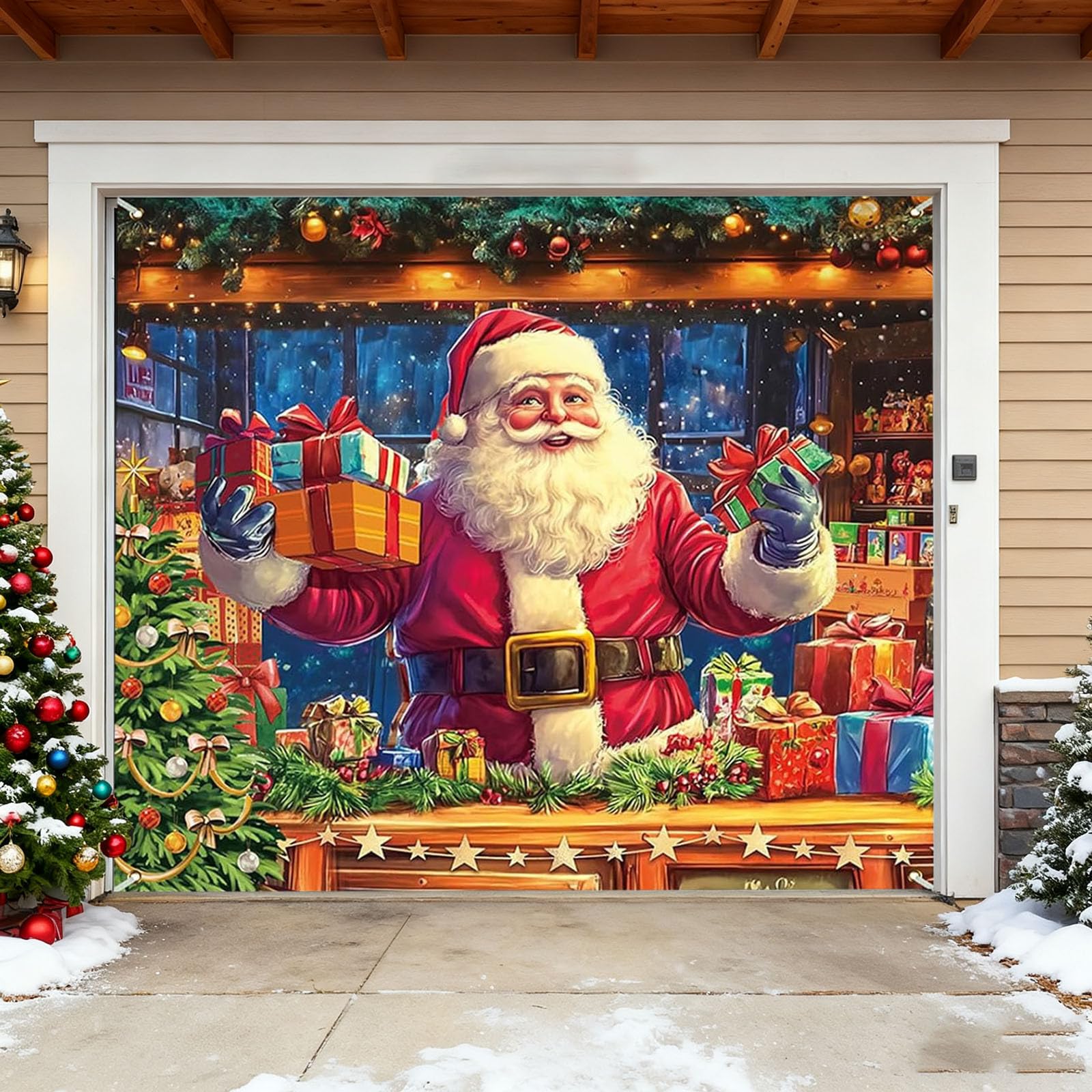 Cubierta para puerta de garaje mejorada de 7 x 8 pies con diseño de Papá Noel