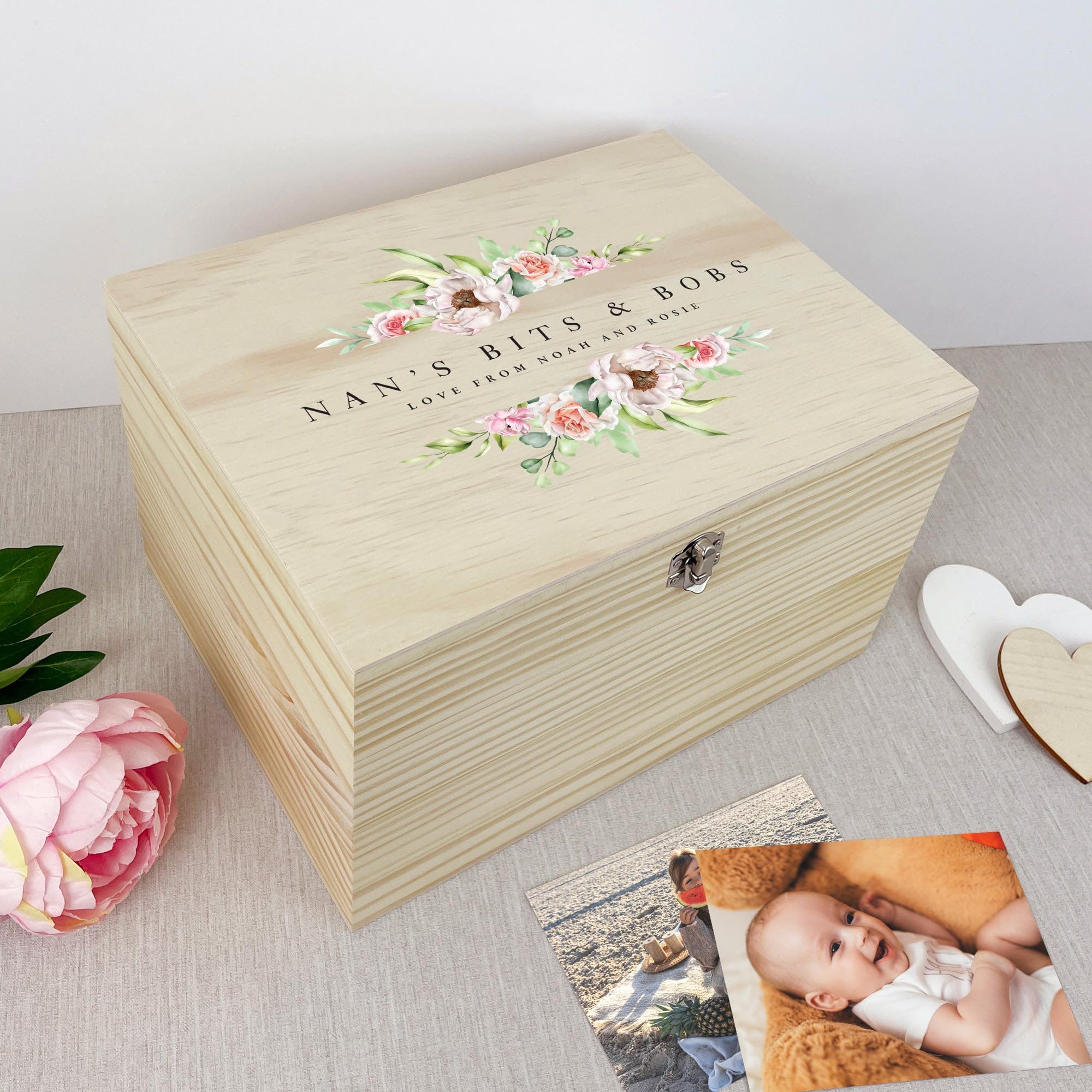 Caja de recuerdos de madera personalizable con diseño floral rosa | Día de la Madre, aniversario, regalo de cumpleaños para ella | 26 x 18,9 x 15,5 cm (ancho x profundidad
