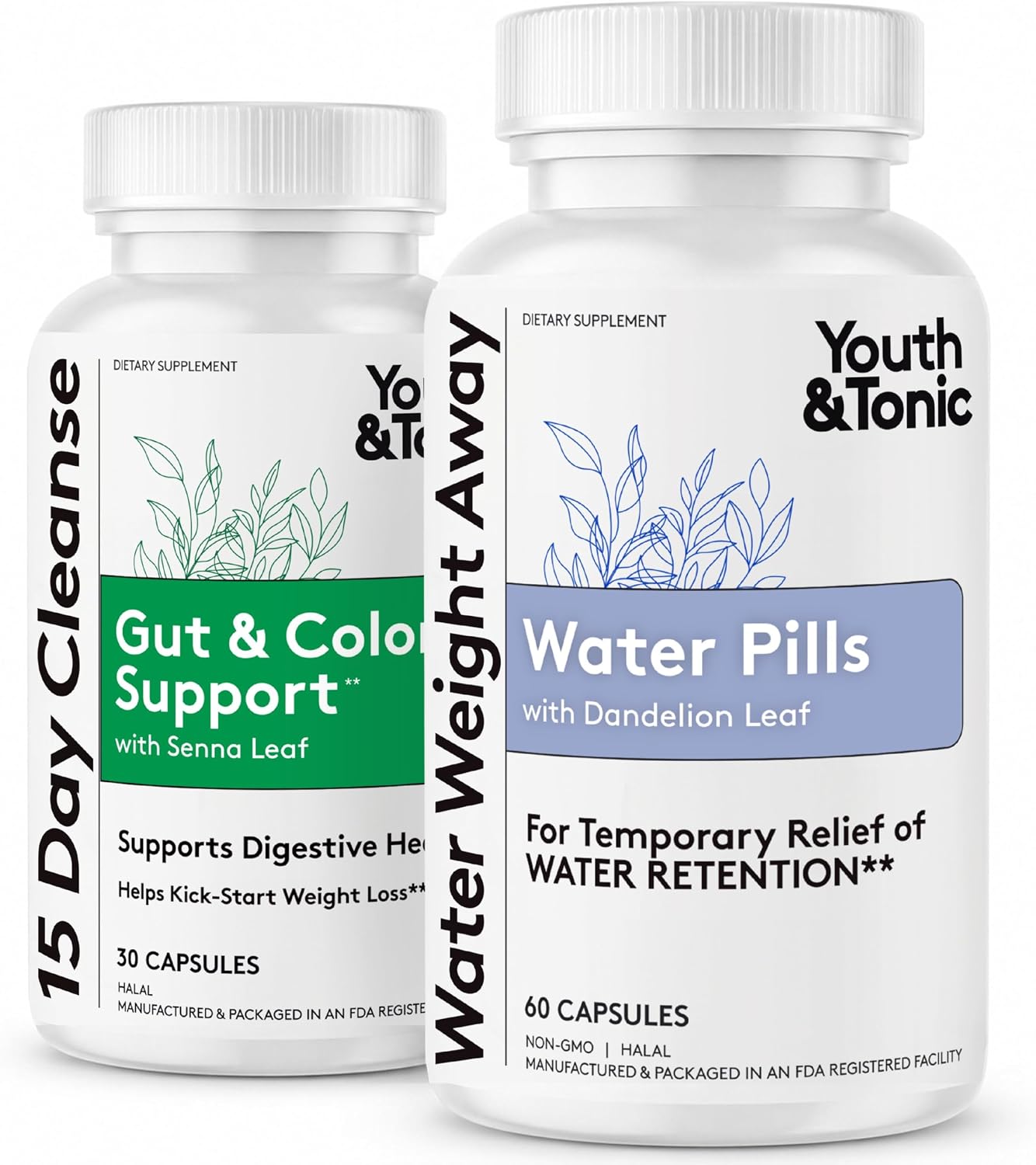 Youth & Tonic Water Pills Weight Loss for Women + 15 Day Cleanse Detox 2pk
