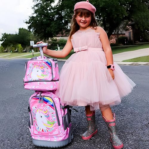 Miniatura 2 de Tilami Mochila rodante con diseño de ruedas de carretilla, lindo estampado de dibujos animados para niños y niñas, viajes, escuela, viaje de