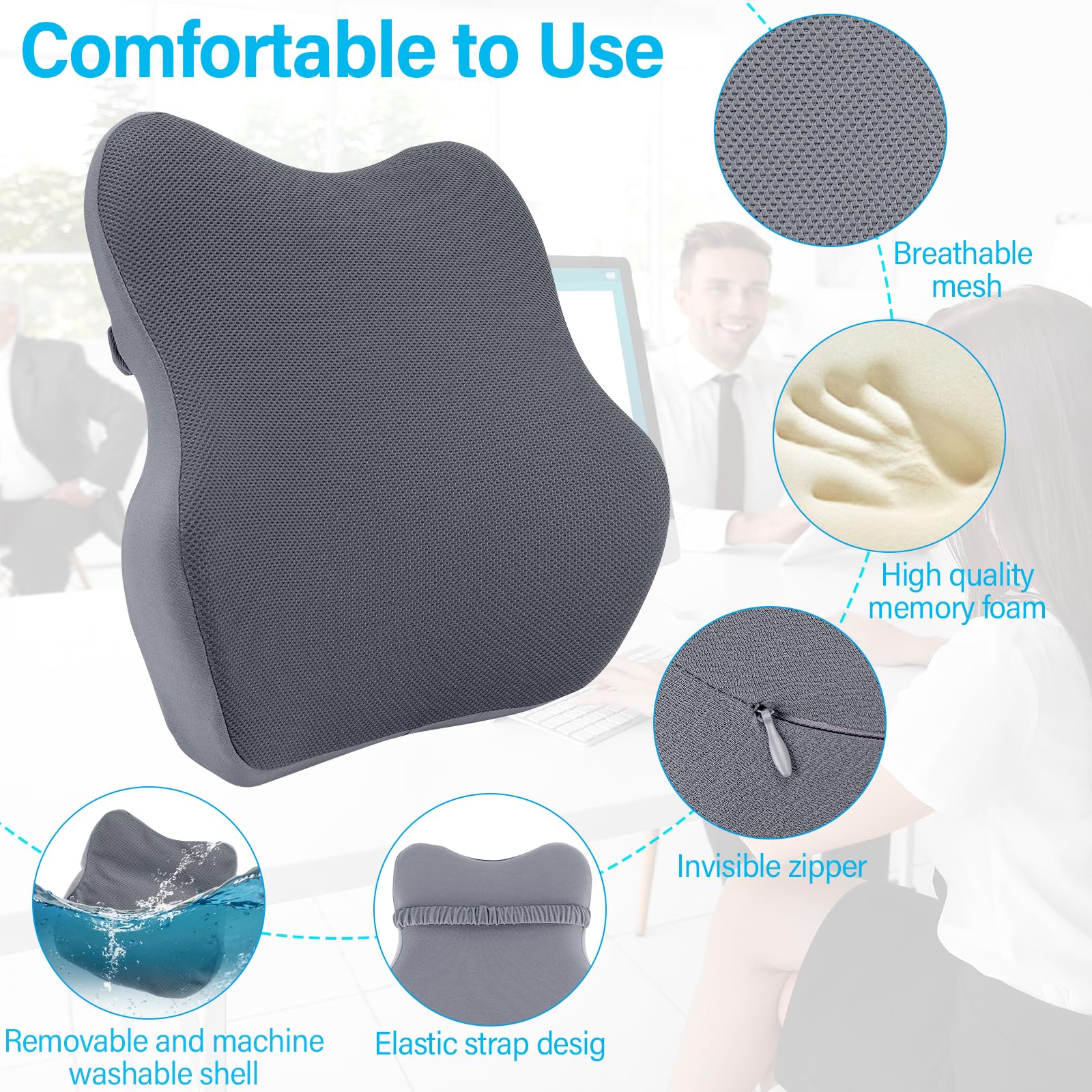 Farerkass Cuscino Lombare Ergonomico, Supporto Lombare in Memory Foam, Cuscino Schiena, Cuscino Lombare Sedia con Maglia per Casa, Auto, Ufficio, Carrozzina, Viaggi (Grigio Chiaro)