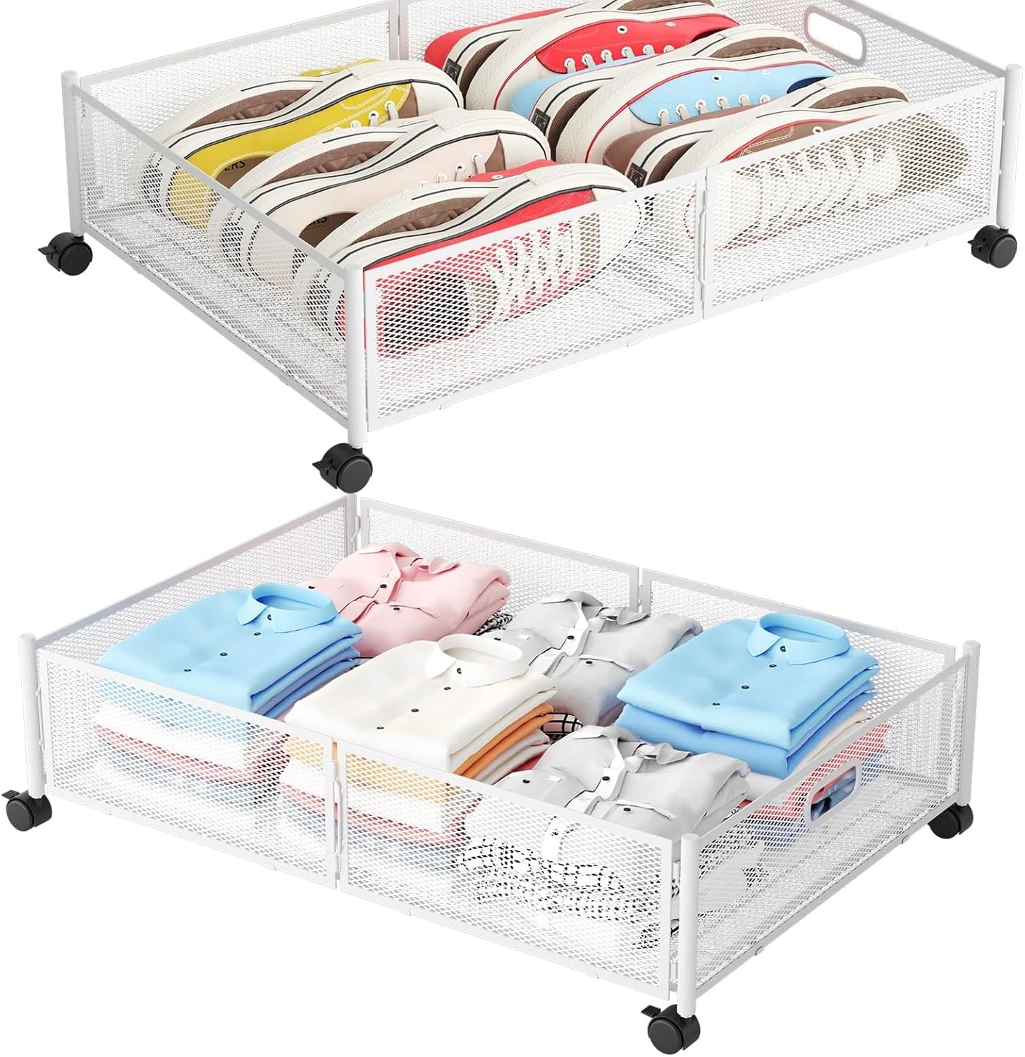 Under Bed Storage Containers with Wheels,Under Bed Storage,Foldable Rolling Under Bed Shoe Storage Organizer,for Clothes Toys Books(White)