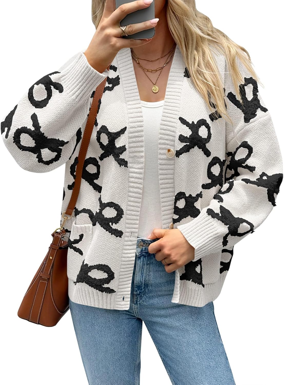 Saodimallsu Womens Bow Cardigan Sweaters Button Up Chunky Knit Loose Fit Fall Winter Sweater Coats with Pockets