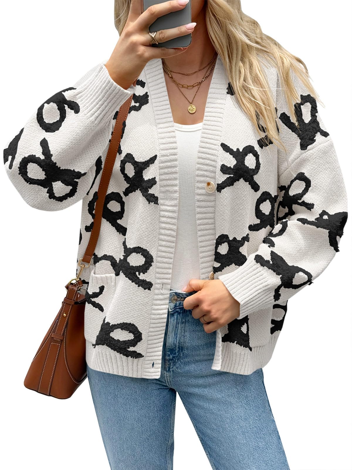 Saodimallsu Womens Bow Cardigan Sweaters Button Up Chunky Knit Loose Fit Fall Winter Sweater Coats with Pockets