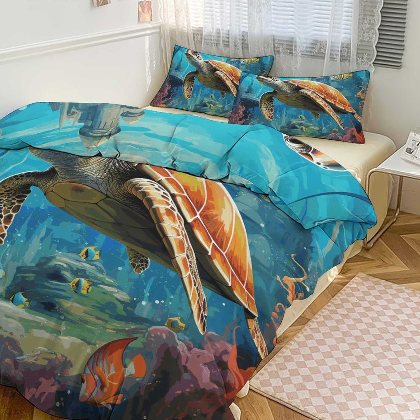 Parure de lit dauphins et tortue pour chambre tropicale exotique