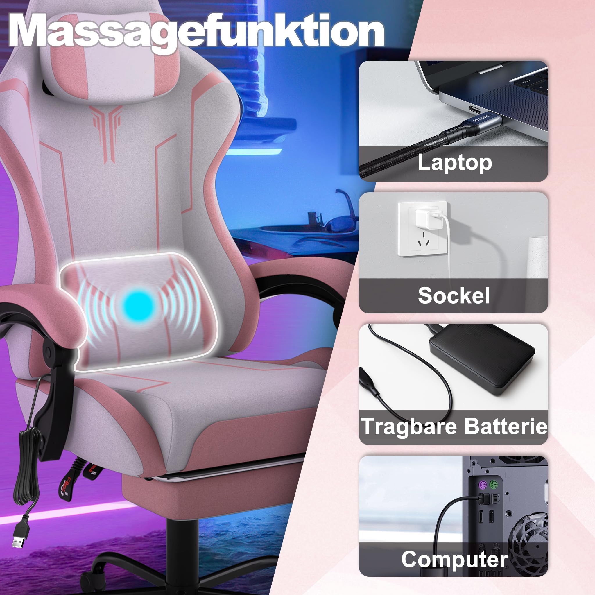 Chaise de jeu, avec massage vibrant et repose-pieds, fauteuil ergonomique pour esports, avec oreiller, accoudoirs, chaise de bureau, hauteur réglable jusqu'à 135 kg, rose