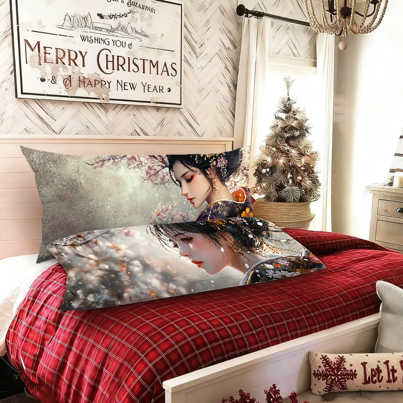 Taie de Traversin 150 cm Japon Taie Oreiller 50x150 Lot de 2 Lin Housse Coussin Femme Double Face Impression, Améliorer Sommeil Housse Traversin avec Fermeture Eclair Caché pour Chambre Lit, Model482