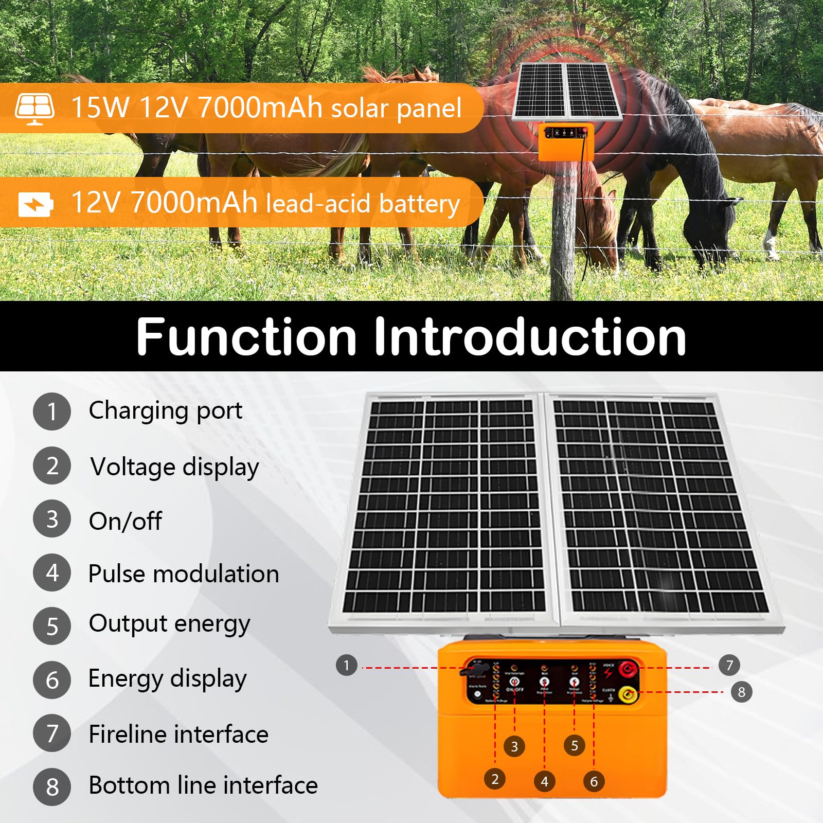 Cercas Eléctricas, Solar Para Cercas Eléctricas 12V 6Kv–8Kv 0,3J–1,5J Con Selección Manual Para Cercas Avícolas Energizador Para Cercas Eléctricas 48Km Panel Solar 15W Batería Plomo-ácido 12V 7000Mah