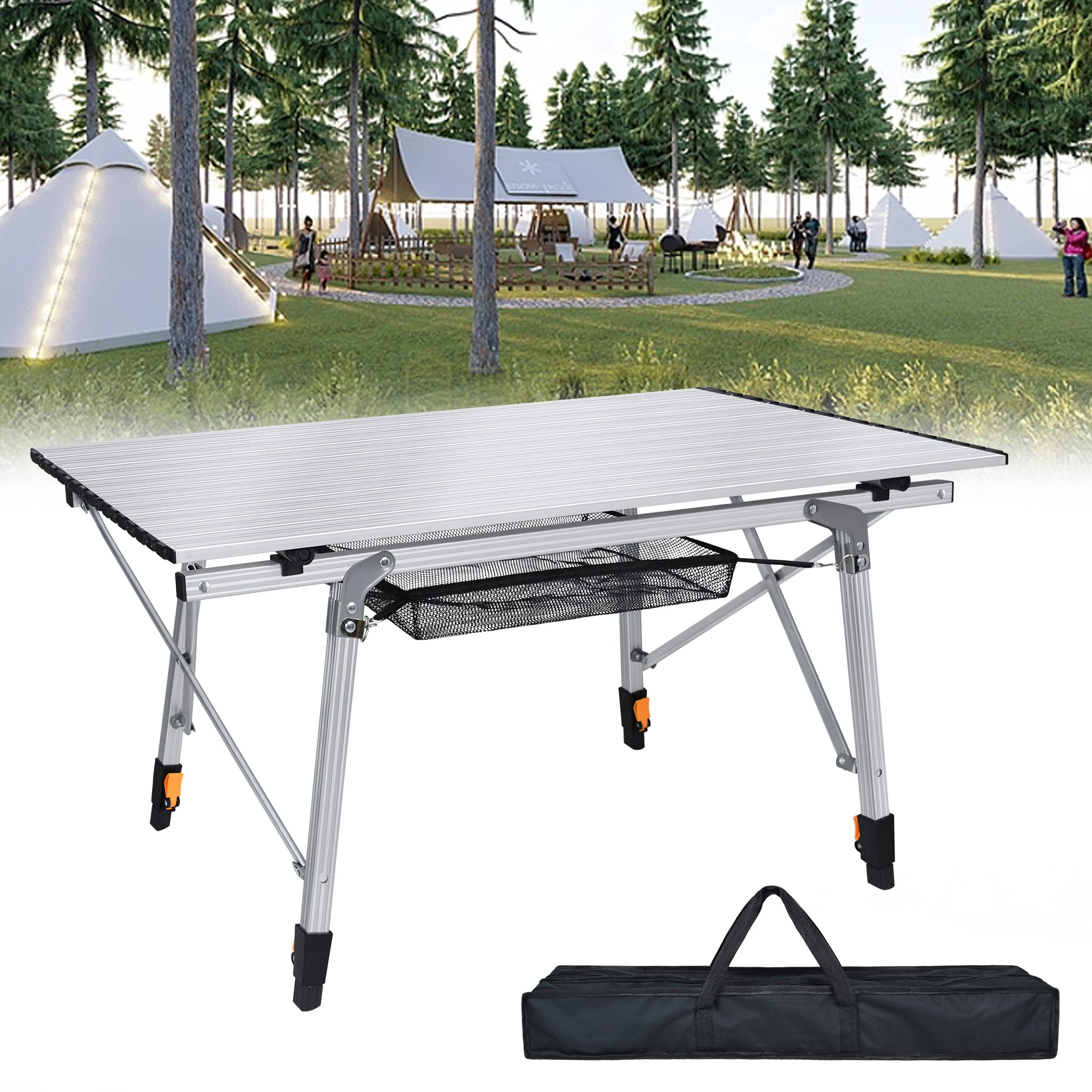XMTECH Table de camping pliable en aluminium - Table de camping - Table de pique-nique - Table de voyage - Réglable en hauteur - Avec sac de rangement et sac de transport - 90 x 51,5 x 68 cm - Argenté