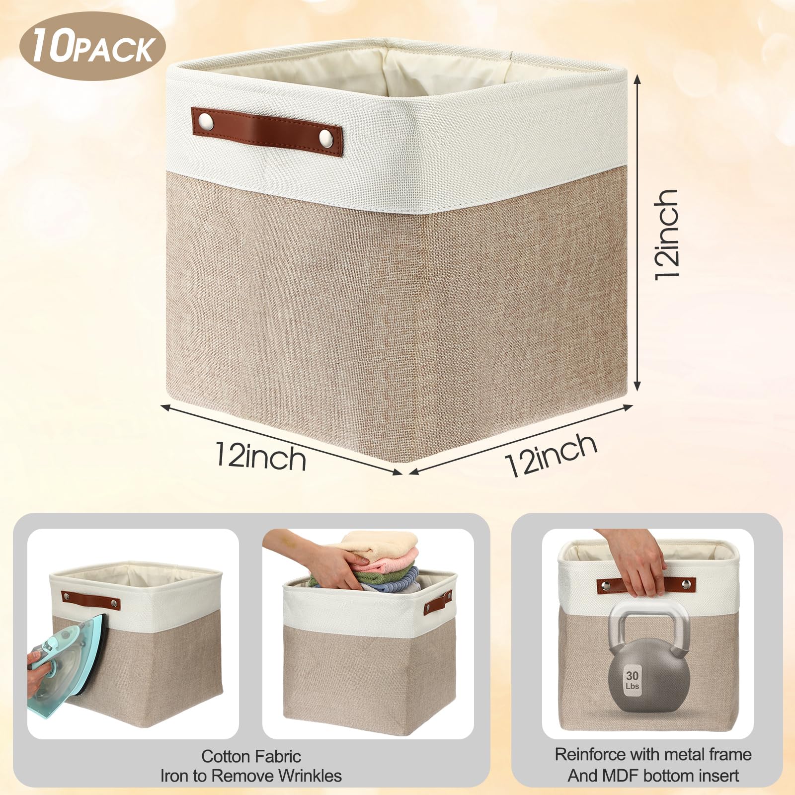 Uiifan Faltbare Aufbewahrungskörbe aus Stoff, faltbar, mit Griffen, Stoff-Organizer, Leinen-Regalkörbe für Regale, Zuhause, Schrank, Kinderzimmer, Spielzeug (30,5 x 30,5 x 30,5 cm, Beige und Weiß), 10