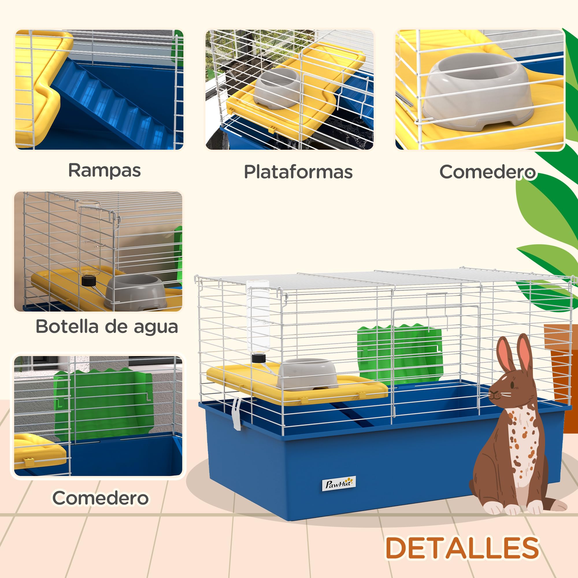 PawHut Jaula para Hurones con Bandeja Inferior Jaula para Animales Pequeños con Plataforma con Rampa Comedero y Bebedero Recinto para Conejos Pequeños Chinchillas Cobayas 71x46x47 cm Blanco y Azul