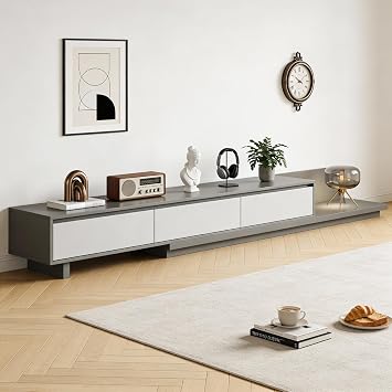 Extendable TV Unit with 3 Drawers, Adjustable Length 200-330cm (78.7-130) Floating media unit, Walnut TV Stand for 65 Inch TVs, Space-Saving Grey Media Unit for Living Room & Bedroom