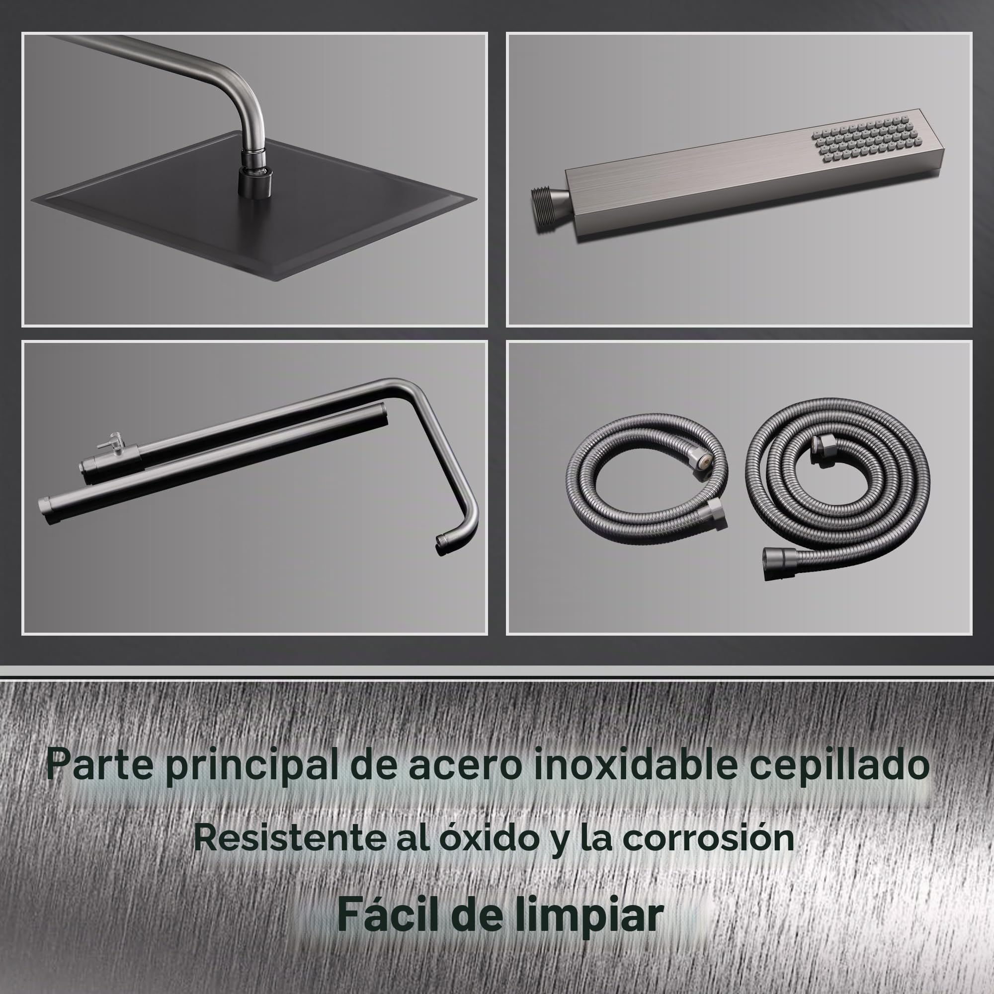 Görbach Columna de Ducha Termostático Acero inoxidable 304 Conjunto Ducha Monomando Grifos Termostaticos Columna de Hidromasaje con Ducha Mano y Ducha Cuadrada Lluvia 25x25cm Gris bronce cepillado | Juego completo de ducha de acero inoxidable con grifo, c