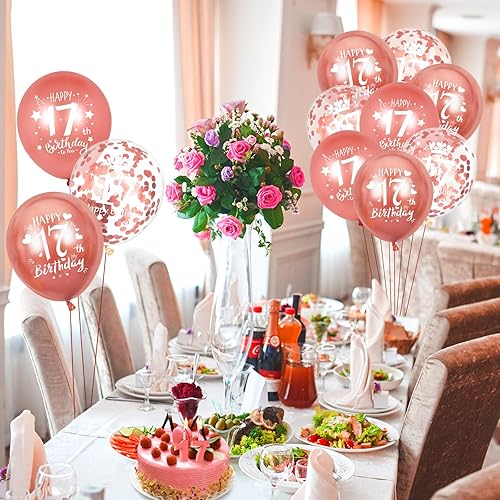 Miniatura 5 de Globos de látex de cumpleaños de 17 años, 15 globos de oro rosa con el texto en inglés "Happy 17th Birthday", globos de decoración de fiesta de
