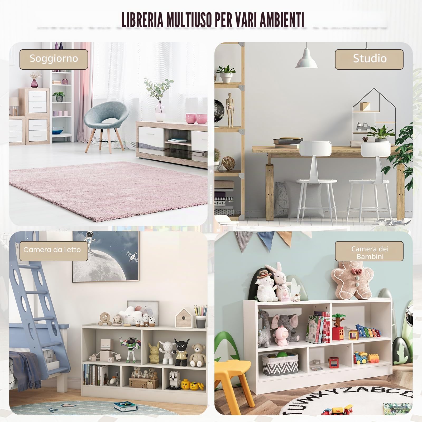 KOMFOTTEU Libreria Aperta, 5 Armadietti di 2 diverse dimensioni, mobile portaoggetti in legno con gambe antiscivolo, per libri e giocattoli, 111 x 30 x 61,5 cm (Bianco)