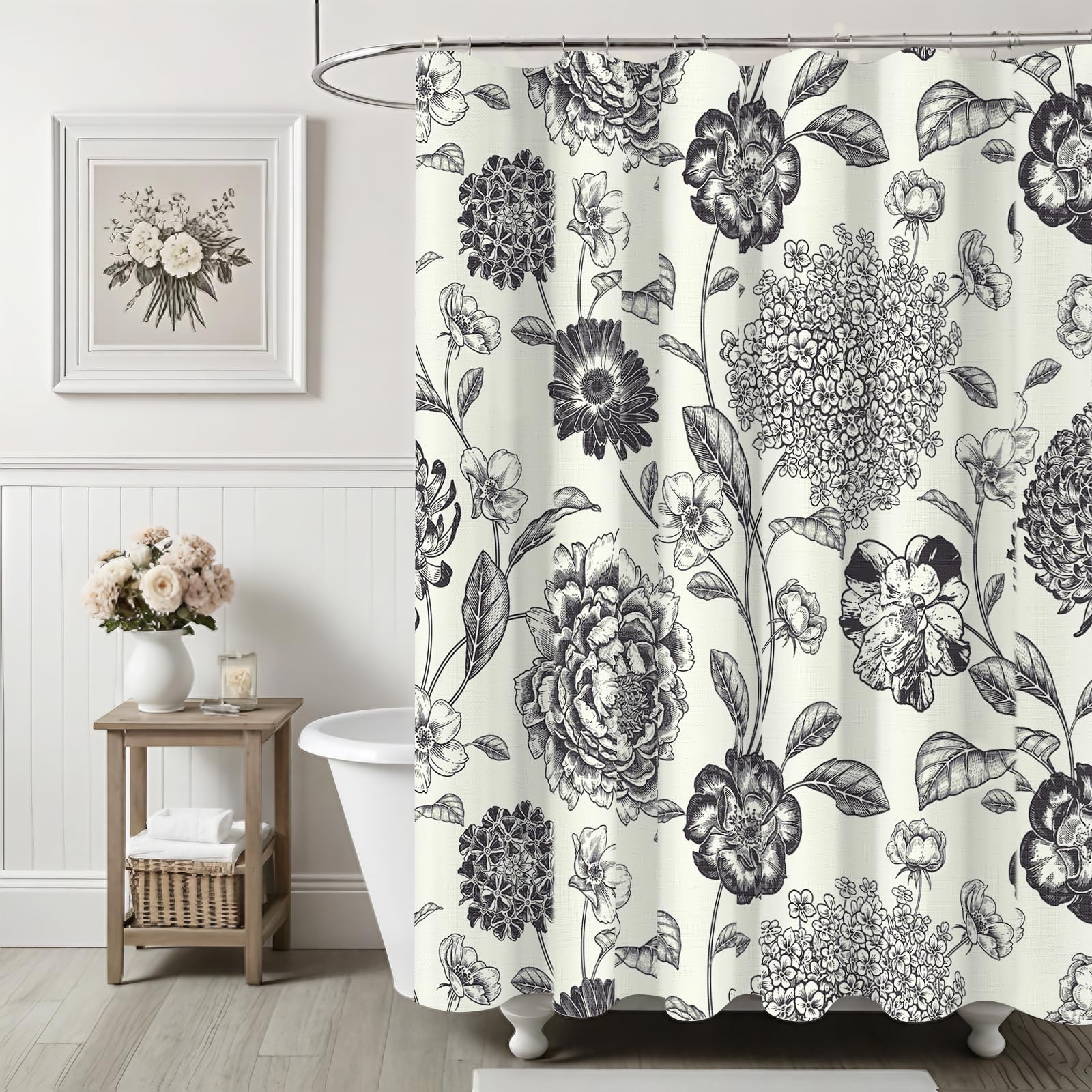 Ksriylm Floral Fabric Shower Curtain with 180 * 180cm, Linen Bathroom Curtains with 12 Hooks, Water Mould Proof Bathtub Curtain Washable & Quick Dry