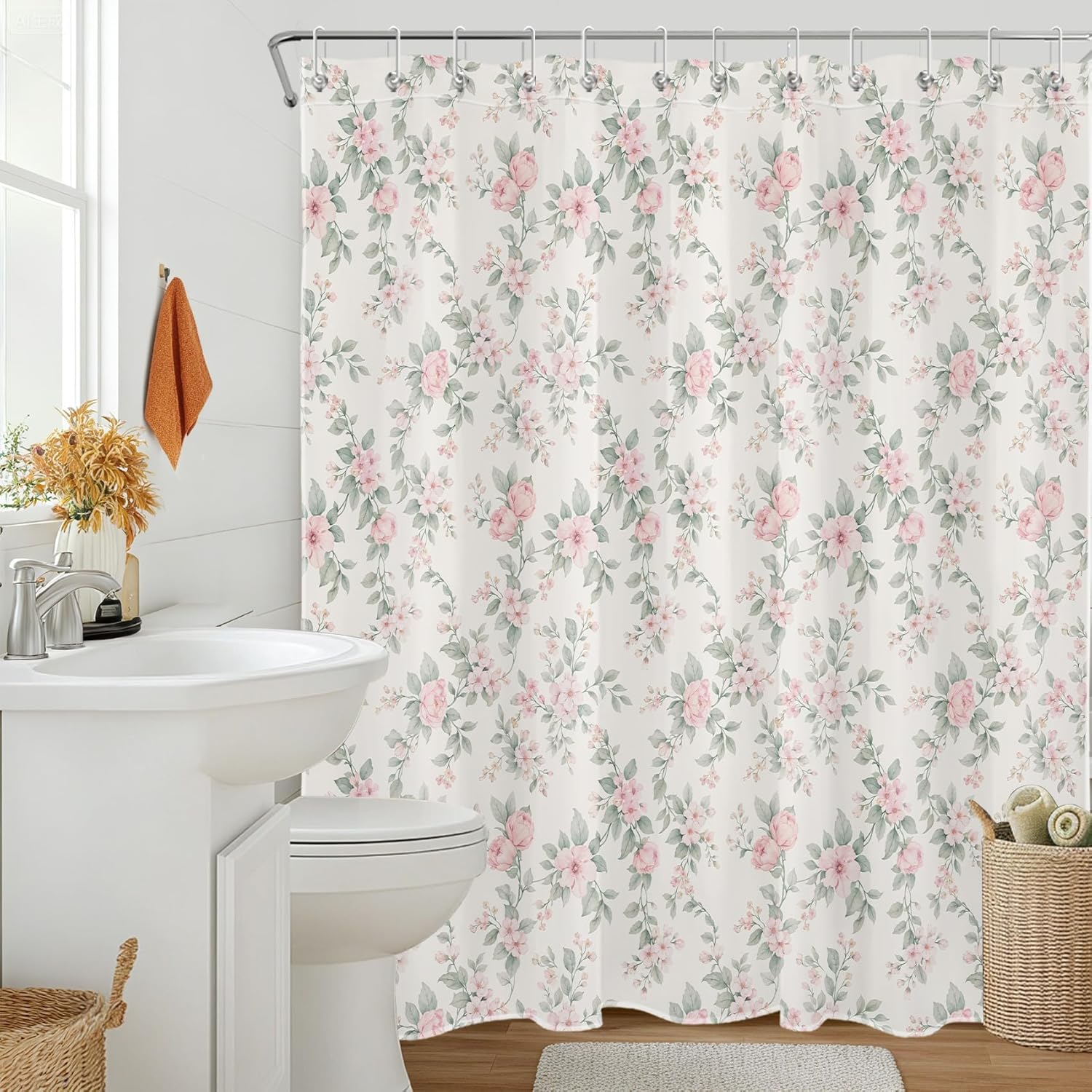 Pink and Sage Green Floral Shower Curtain, Vintage Farmhouse Flower Shower Curtains for Bathroom, Cottage Bathroom Decor 72Wx78H