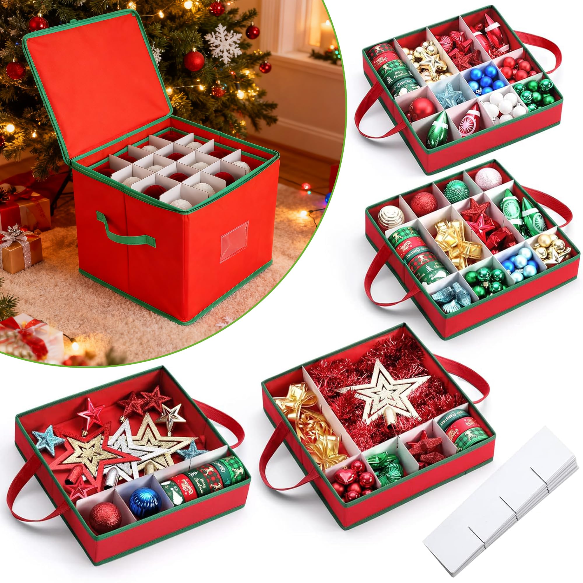2er Set Weihnachtsdeko Aufbewahrung, Weihnachtskugel Box Mit Herausnehmbaren Tabletts, Doppel-Reißverschluss, Reißfestem Vliesstoff – Lagert Bis Zu 128 Christbaumkugeln, Rot
