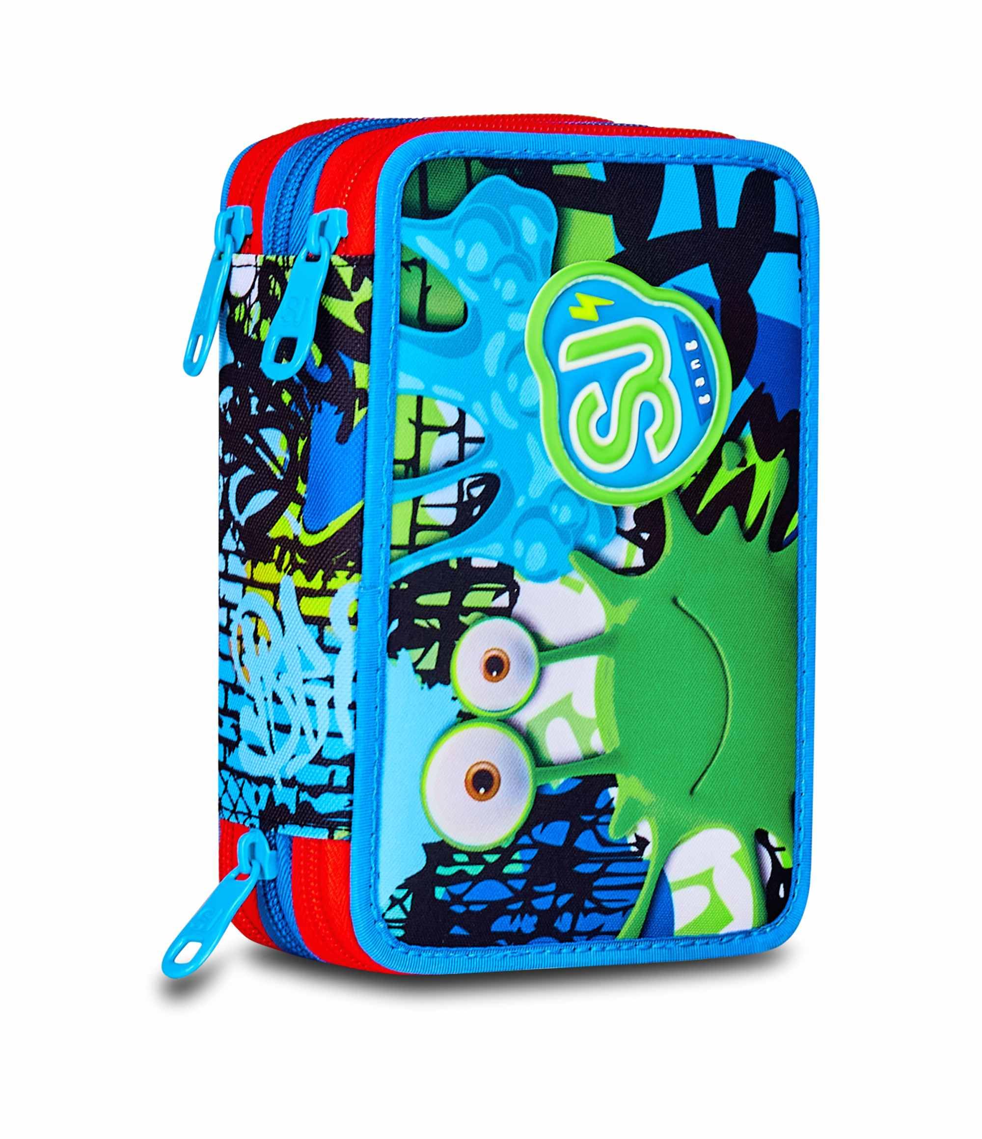 SJ GANG STYLE JAM GANG Astuccio Scuola 3 Zip,Blu, Portapenne Triplo Scomparto Completo Di Penne, Matite, Colori, Accessori Zaino, Scuola Elementare, Bambino
