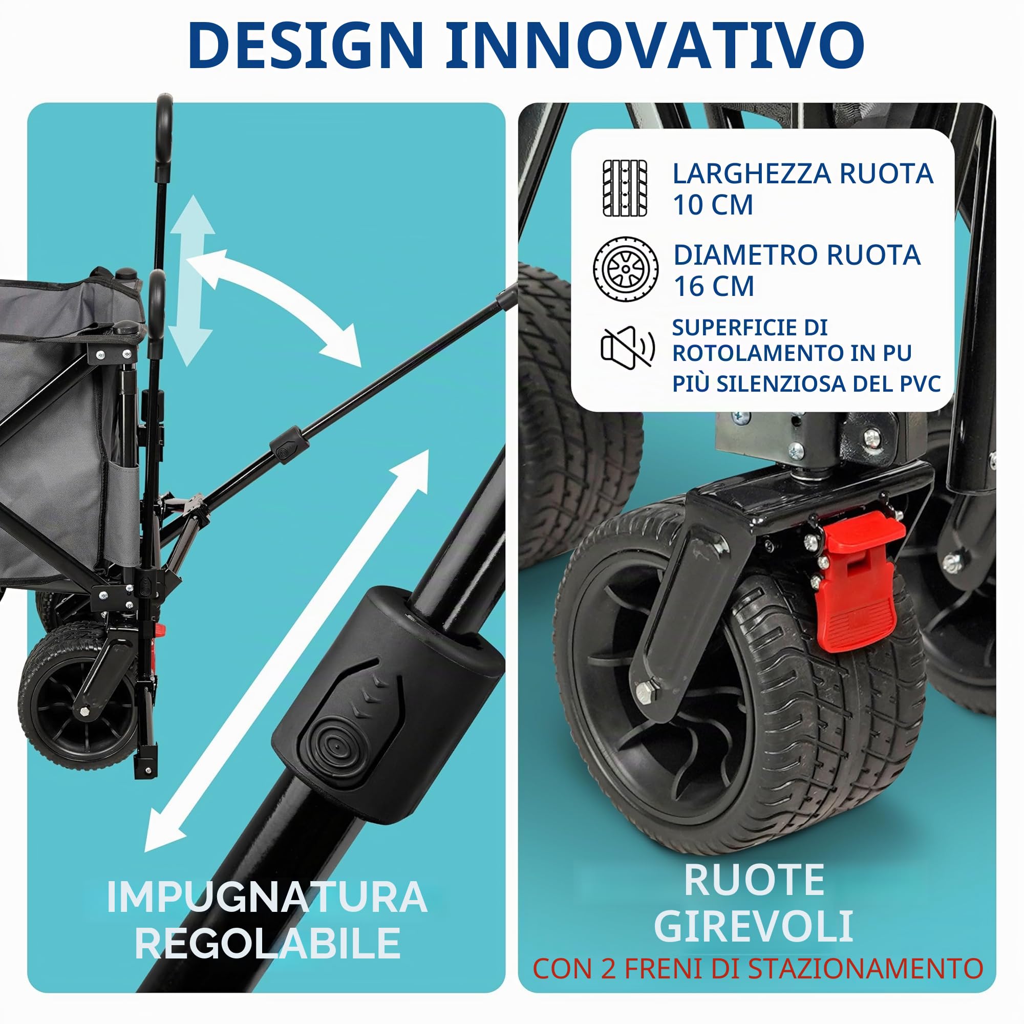 Carrello pieghevole per spiaggia e spesa con portellone posteriore, portata 100 kg, freno a pedale, ruote orientabili, maniglia estensibile