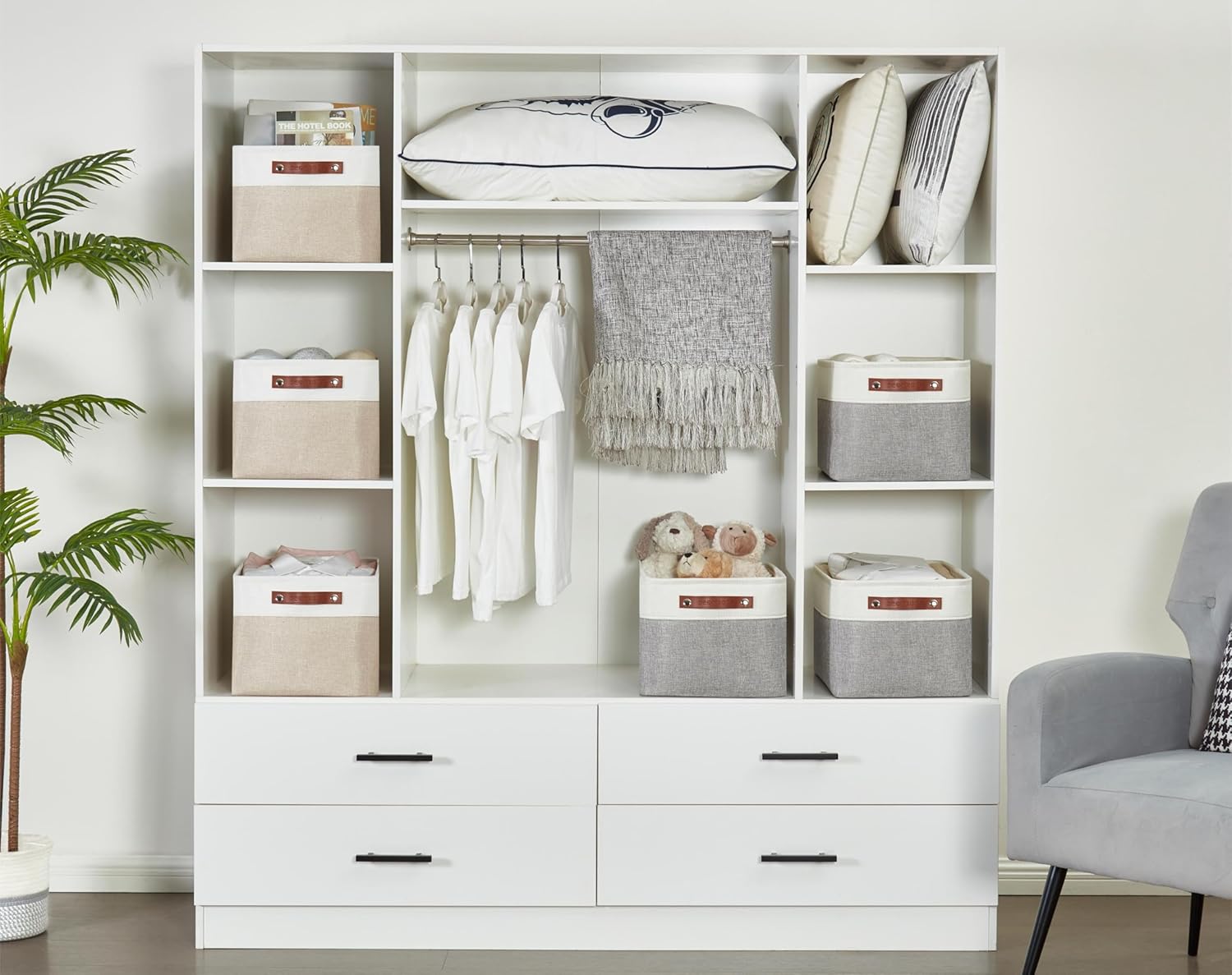 DECOMOMO Storage Baskets for Shelves - Fabric Storage Bins, Linen Closet Organizers and Storage (Grey & White, Large - 3 Pack)