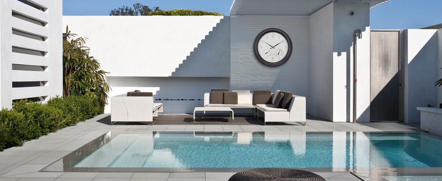 18" Outdoor Wall Clock With Temperature & Humidity Gauge - Waterproof, Light Sensor, Glow Dial