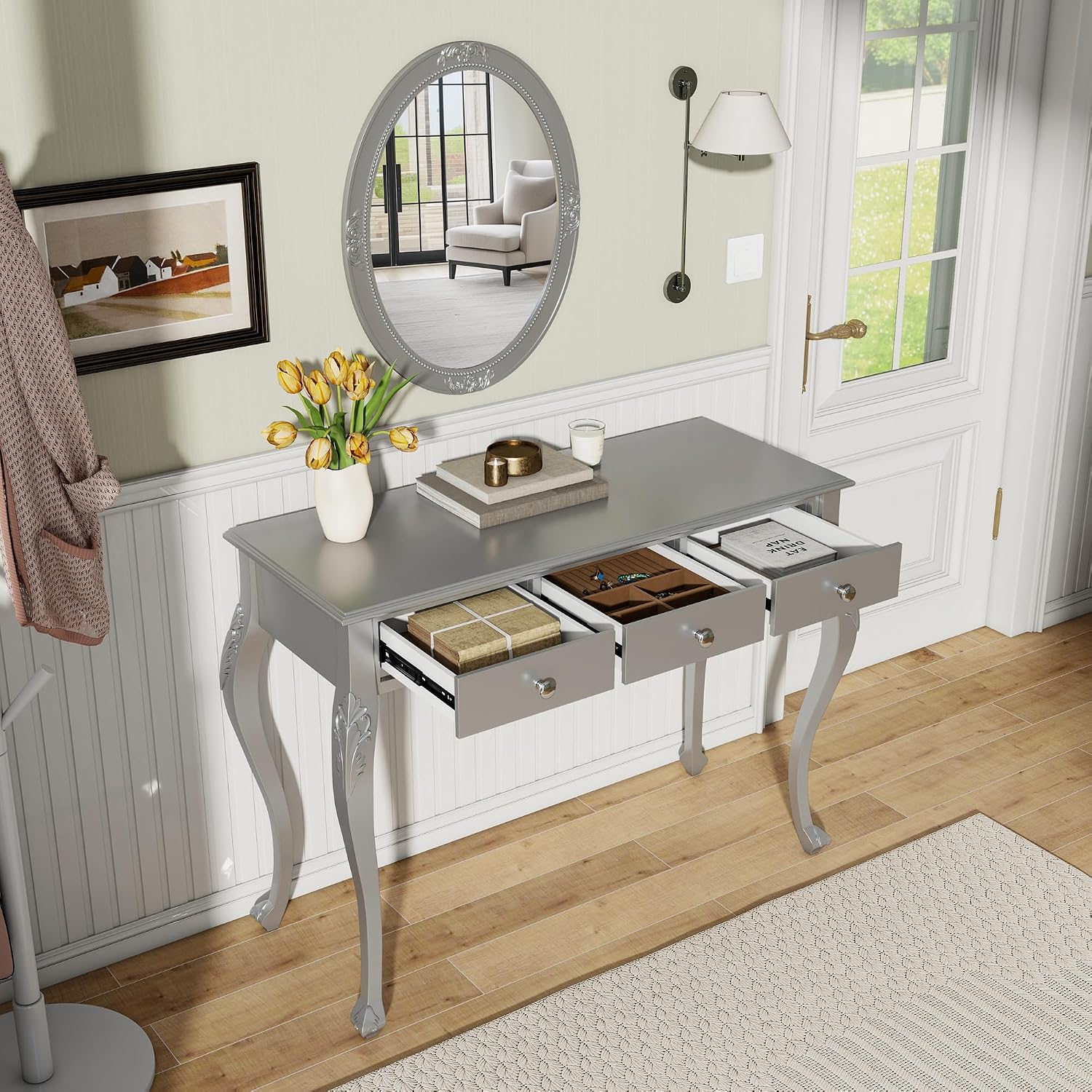 Merax Luxury Makeup Vanity Desk with Wall-Mounted Oval Mirror, Console Table with 3-Drawer for Storage, Elegant Beauty Station Bedroom Dressing Room Salon Station, Silver