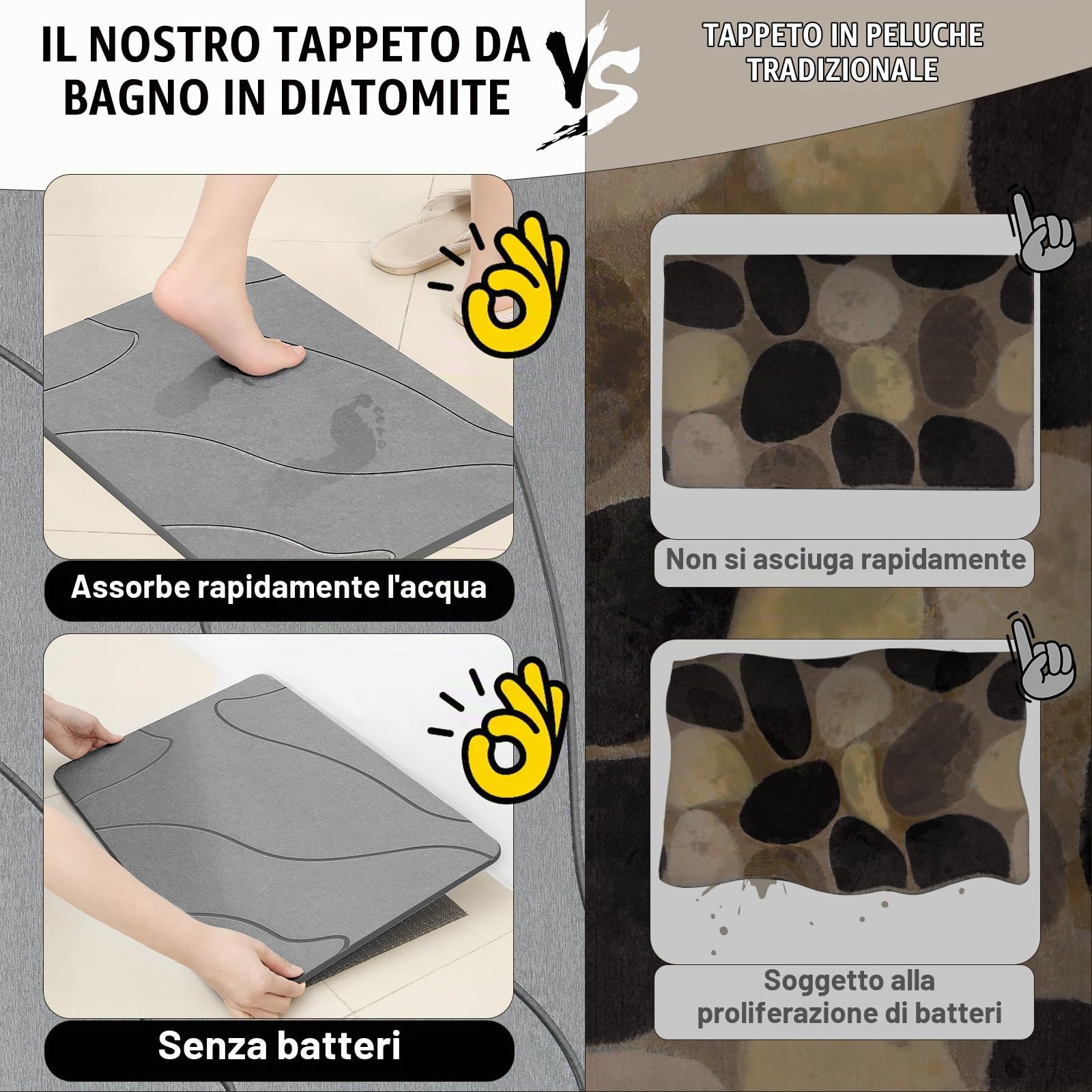 Tappetino da bagno in pietra, 100% terra di diatomacea naturale, antiscivolo, super assorbente, ad asciugatura rapida, facile da pulire (grigio scuro)