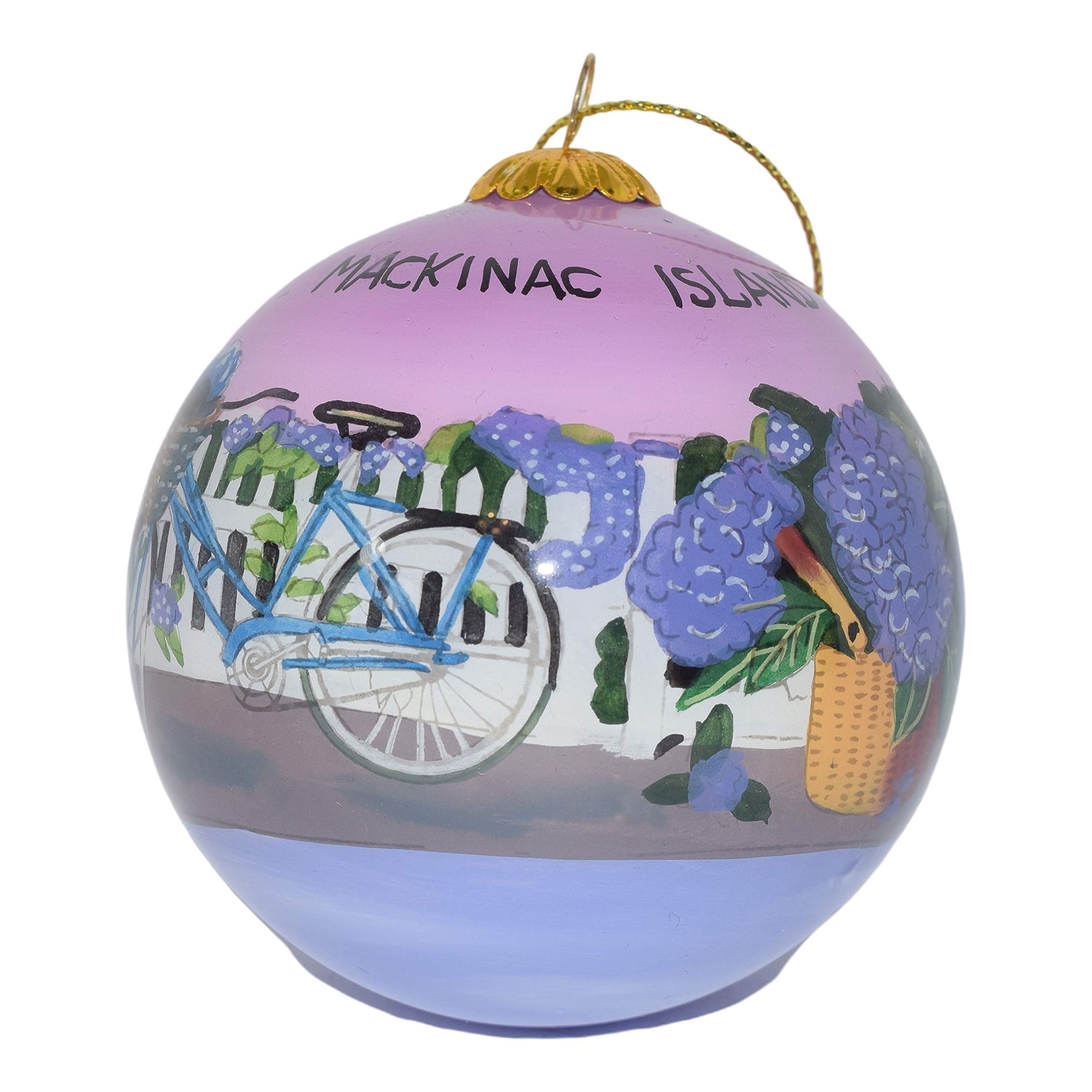 Hand Painted Christmas Ornament, Blown Glass, Hanging Tree Ornament, Holiday Decor, Hydrangeas w/Bicycle Mackinac Island, Michigan