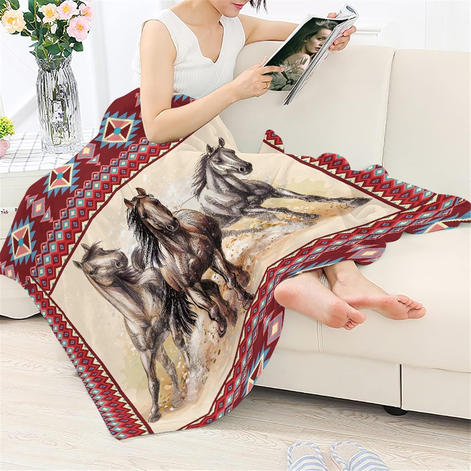 CLOHOMIN Native American Horse Animal Throw Blanket for Bed Couch Travel, Aztec Navajo Saddle Southwest Running Horses Plush Blanket Flannel Microfiber Soft Fuzzy Throw Blanket All Season fit