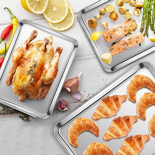 Miniatura 7 de Fire More Juego de 3 bandejas para hornear, bandejas de acero inoxidable para hornear, 91216 pulgadas, juego de sartenes para hornear resistentes y