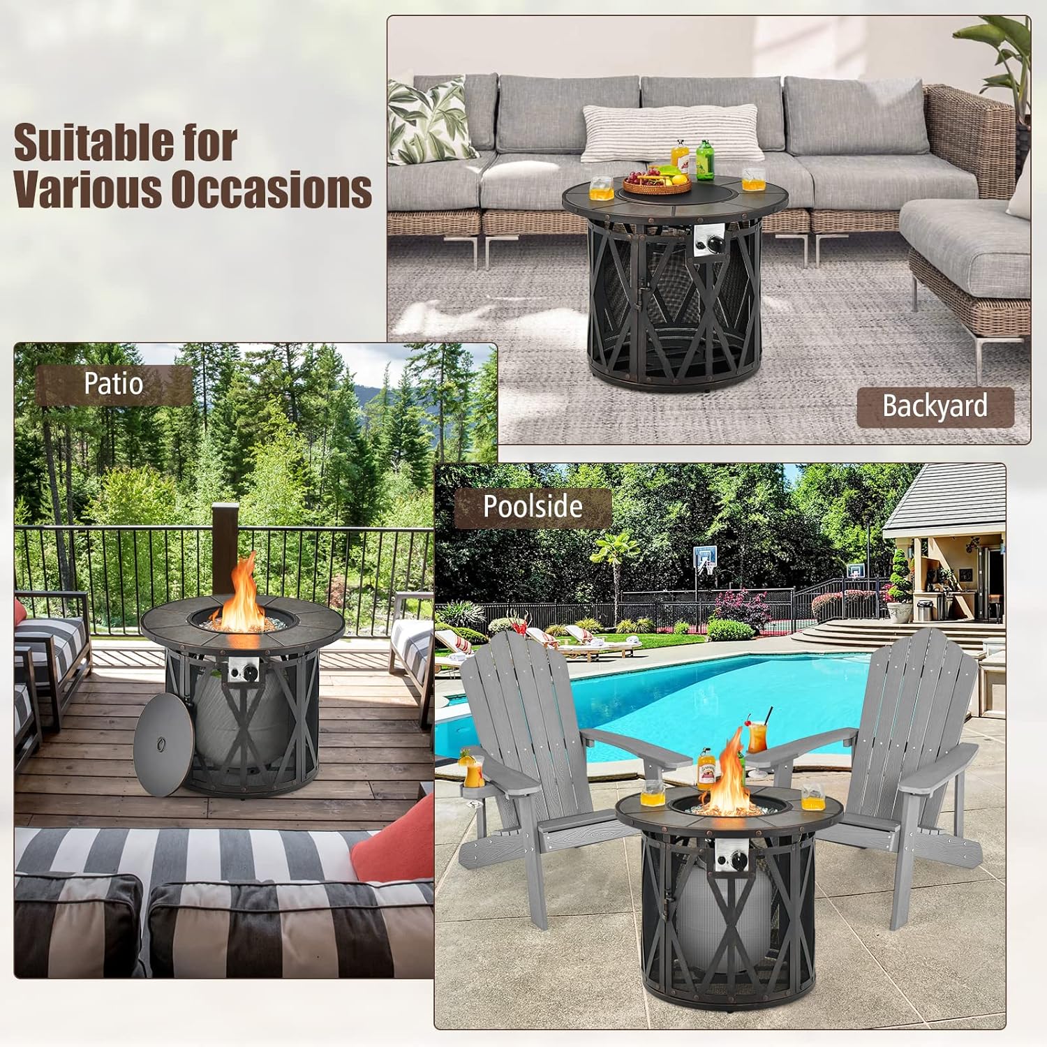 Giantex 32" Propane Fire Pit, 30,000 BTU Round Outdoor Fire Pit Table with Lid, PVC Cover, Glass Stones, CSA Approved, 2-in-1 Ignition Gas Fire Table for Outside Patio Garden Backyard Deck, Black