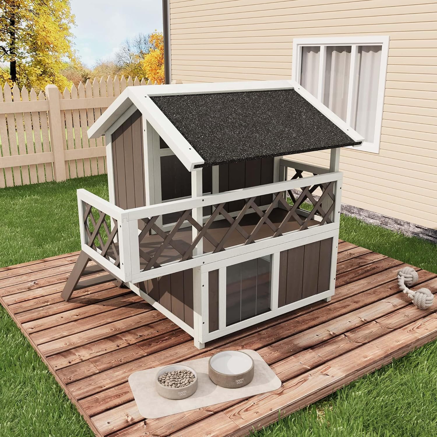 2-Story Outdoor/Indoor Cat House, Weatherproof with Balcony and Shade, Side Steps, Railings & Raised Floor, Outdoor Shelter for Cats and Small Dogs, Gray/White Wood