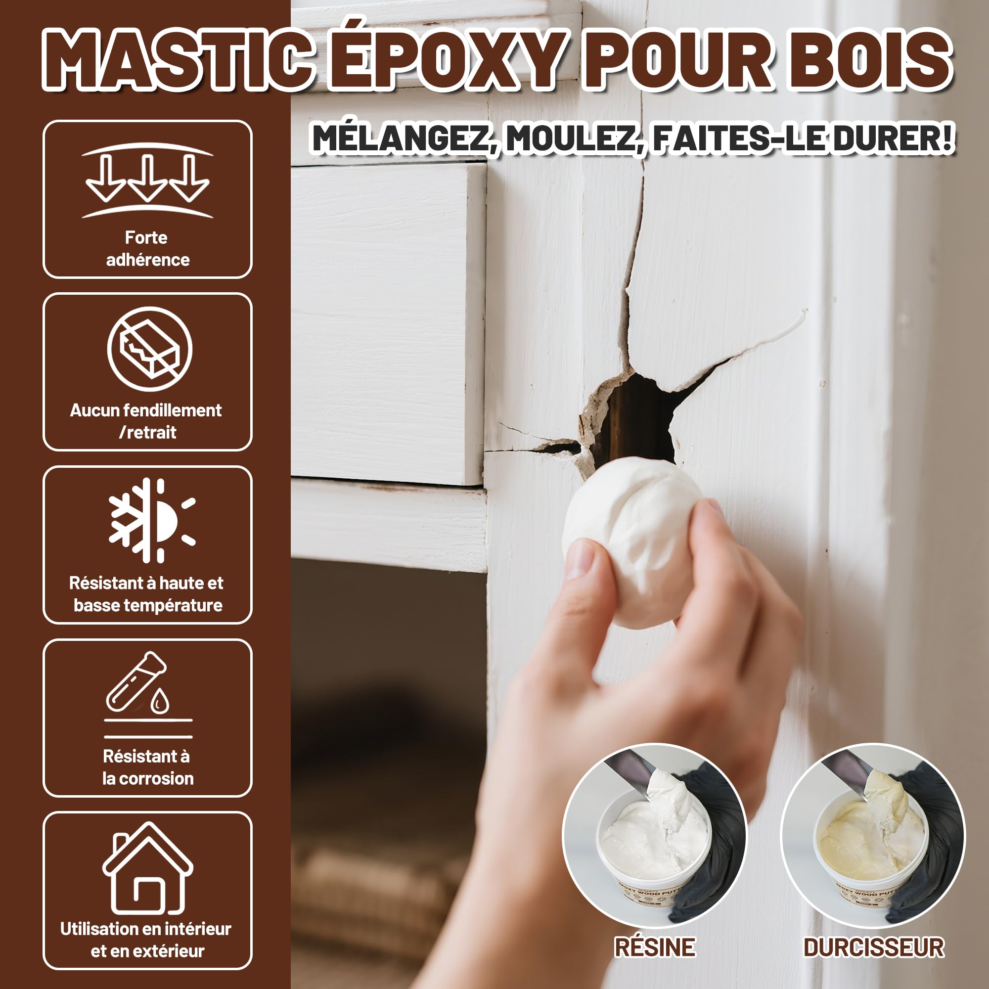 Mastic Epoxy Kit de Remplissage - Haute Résistance 907g Bois Époxy Colle, Blanc Filler de Piscine à Deux Composants & Bois Remplissage Colle Bi Composite Kit de Réparation des Dommages
