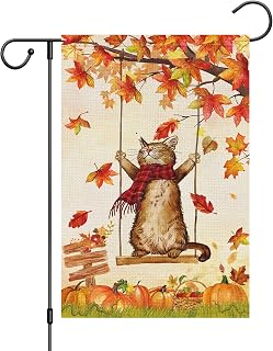 Louise Maelys Fall Welcome Garden Flag 12x18 Double Sided, Small Burlap Autumn Cat Garden Flag Pumpkin Maple Leaves Fall Thanksgiving Outside Outdoor House Yard Decoration (ONLY FLAG)