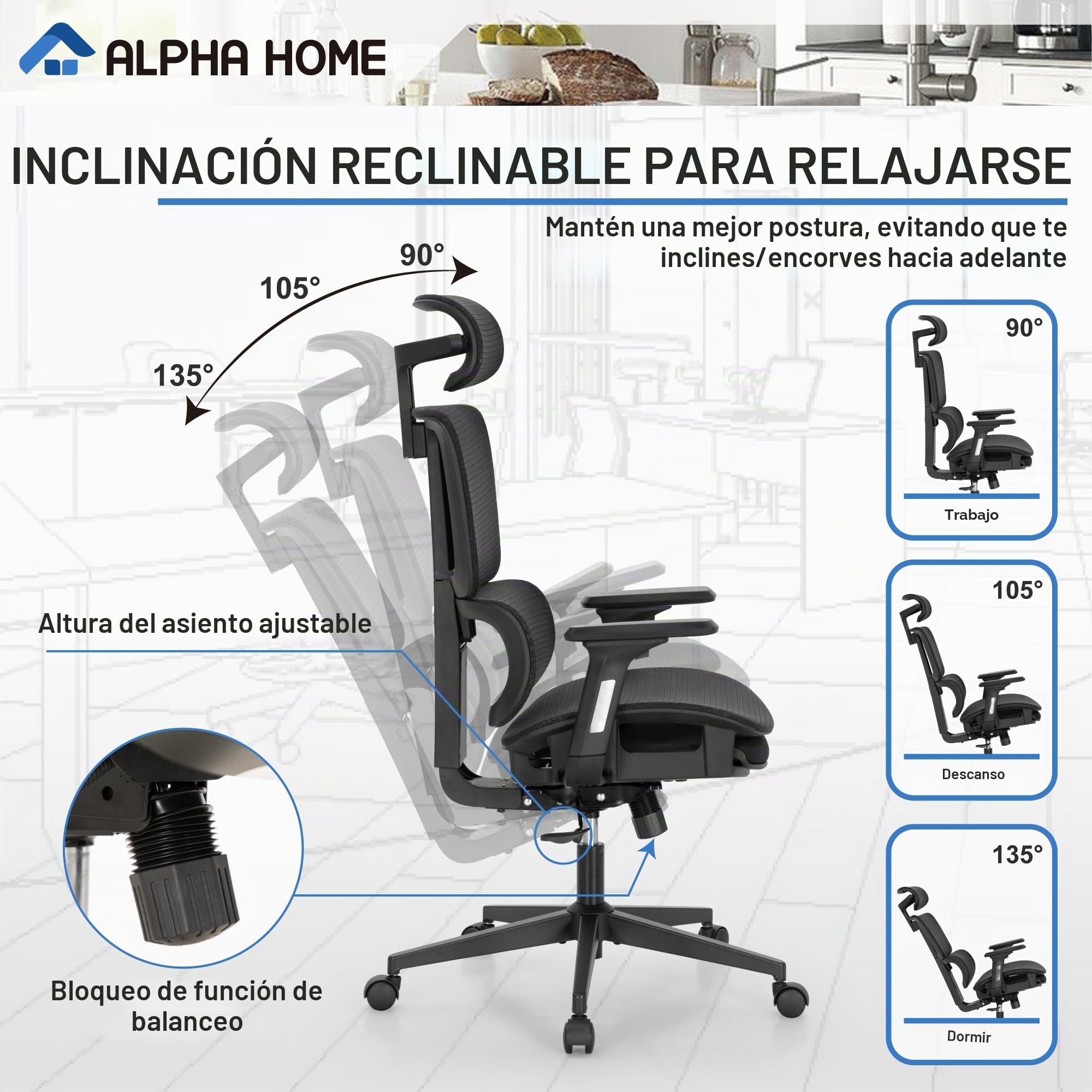 Silla de oficina ergonómica ALPHA HOME con reposapiés retráctil, respaldo alto, silla de escritorio para gerente, silla de oficina para computadora con ángulo de inclinación de 90-130°, con